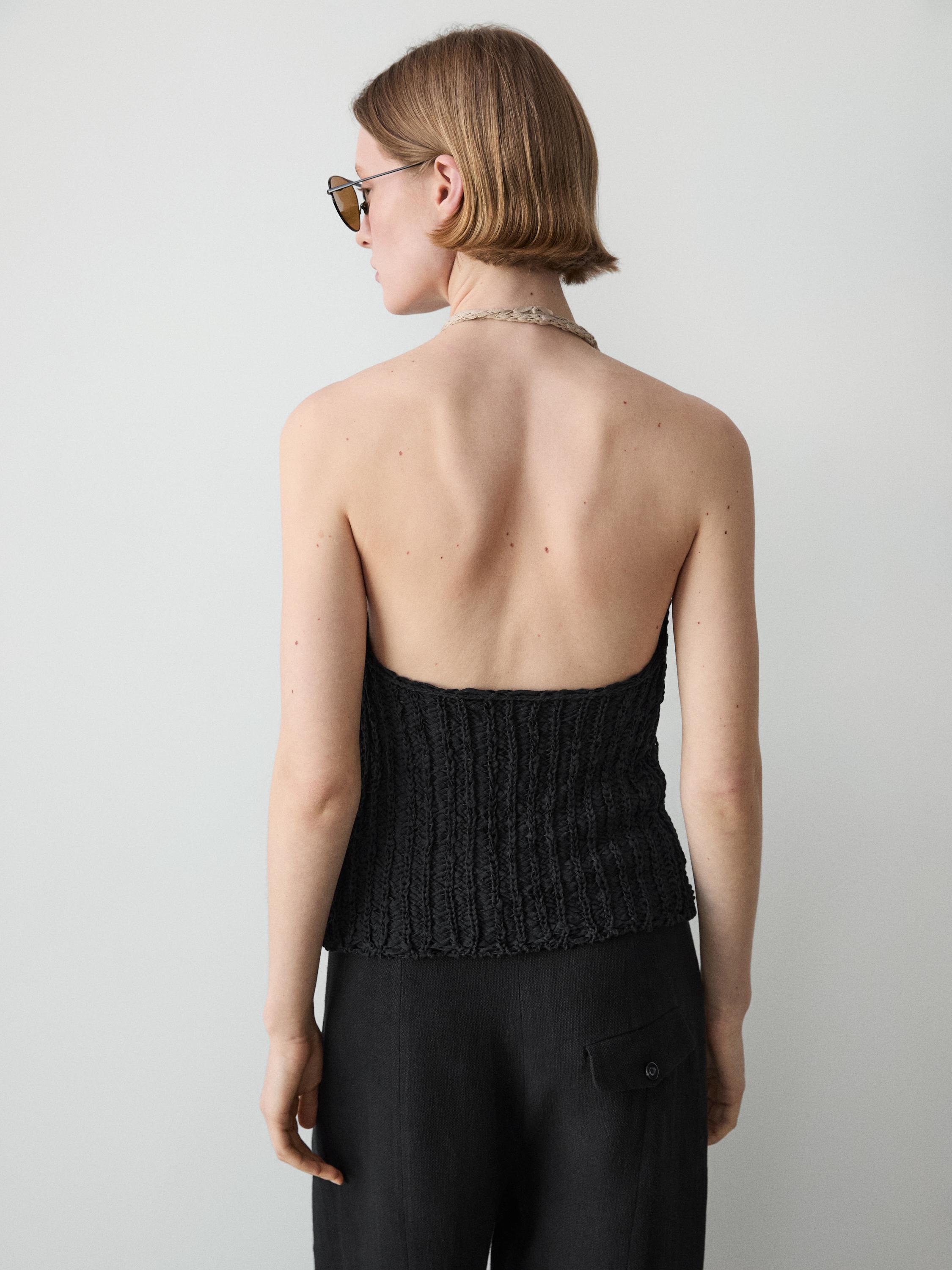 Contrast knit halter top — BLACK