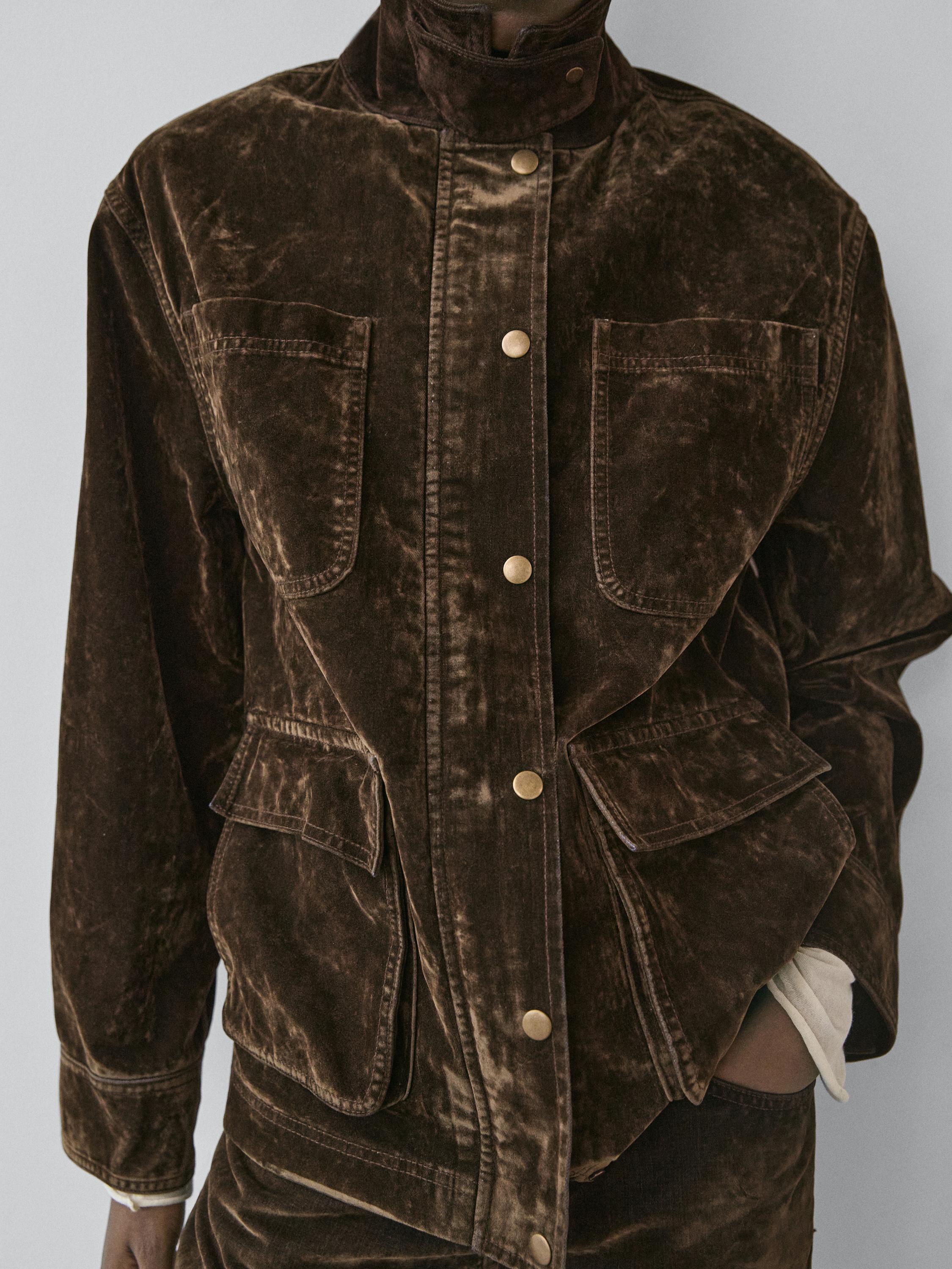 Flocked denim jacket with collar detail — KHAKI