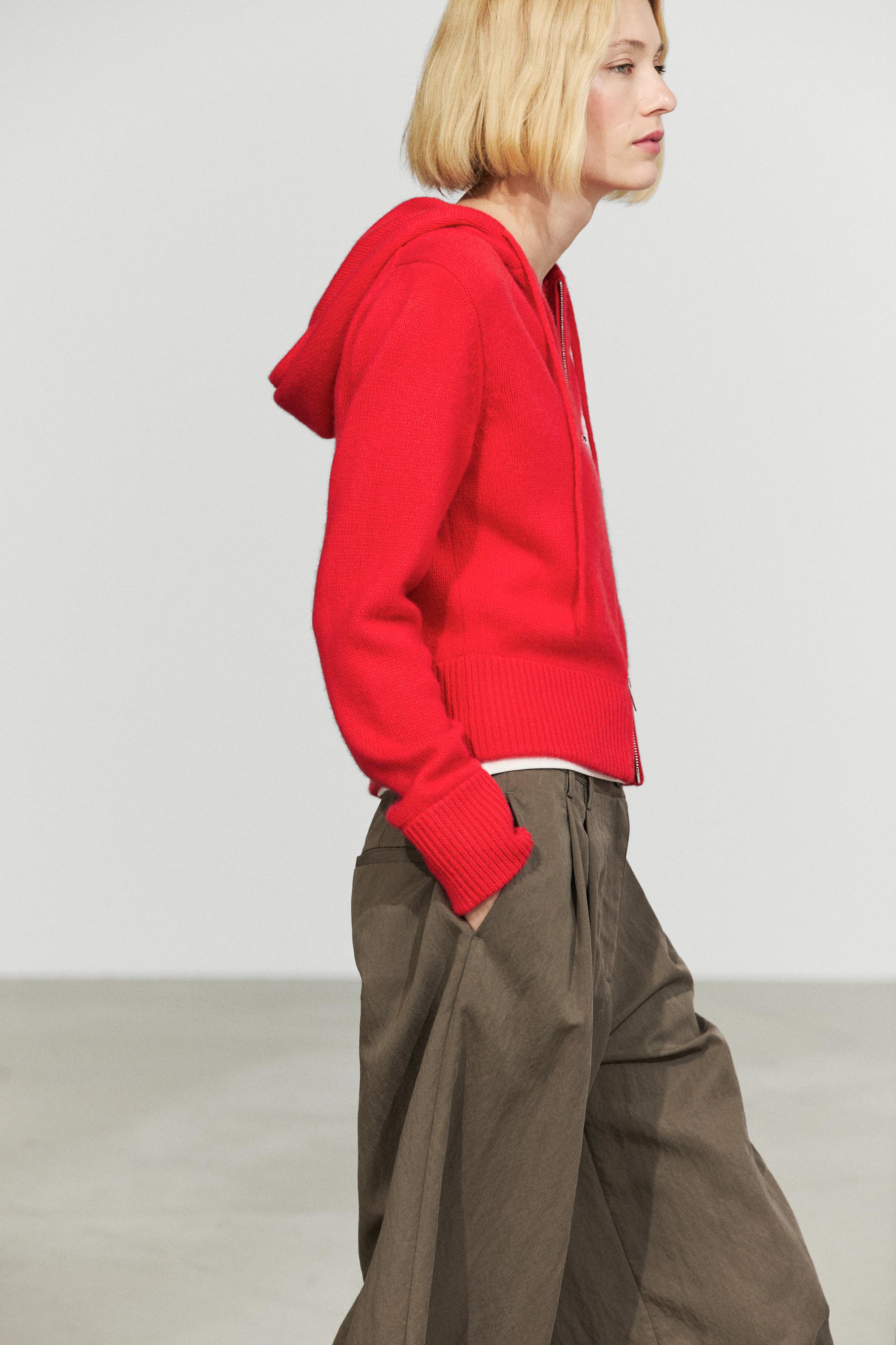 100% cashmere hooded zip-up cardigan — RED