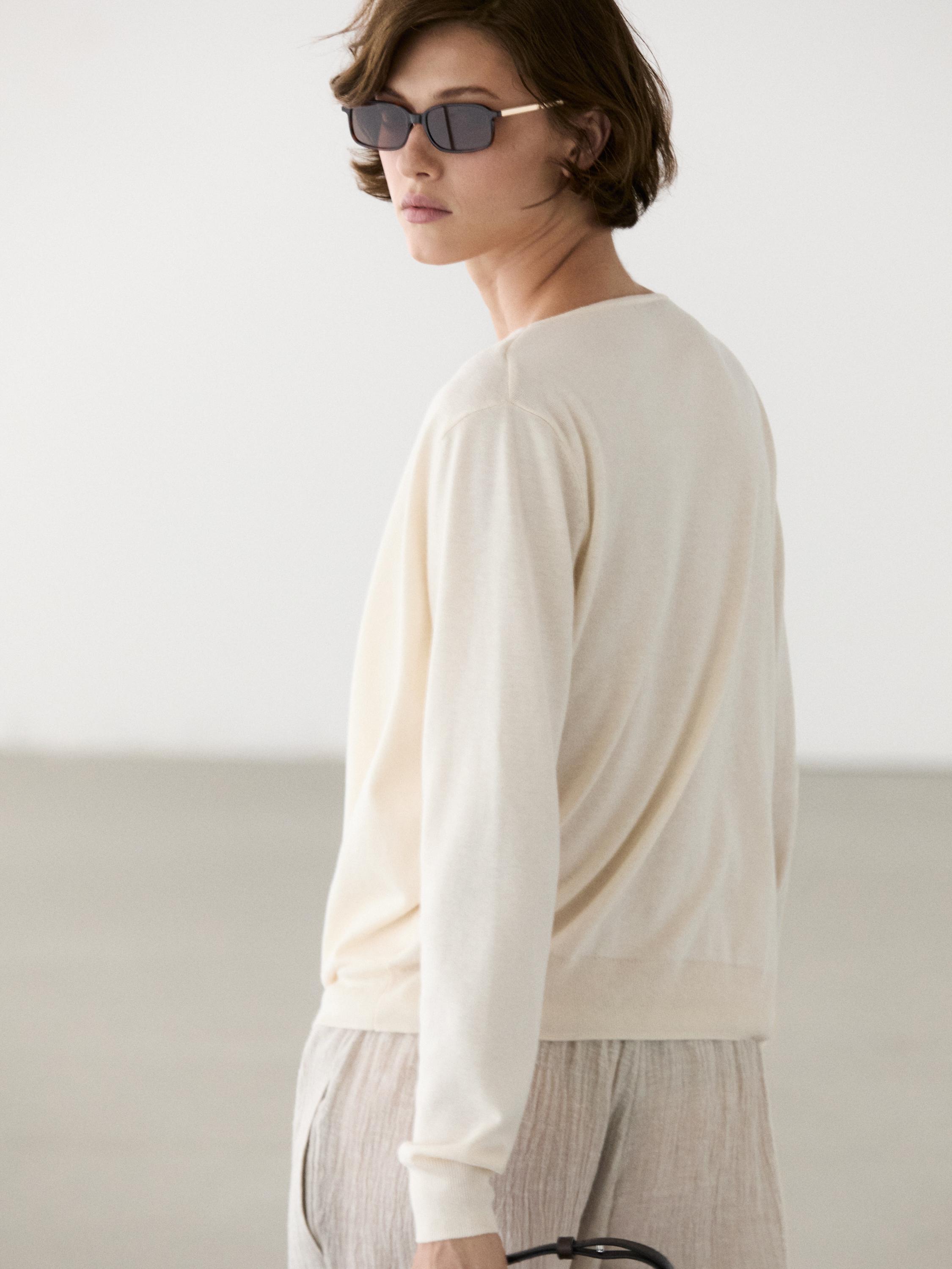 Draped neckline cotton sweater — CREAM
