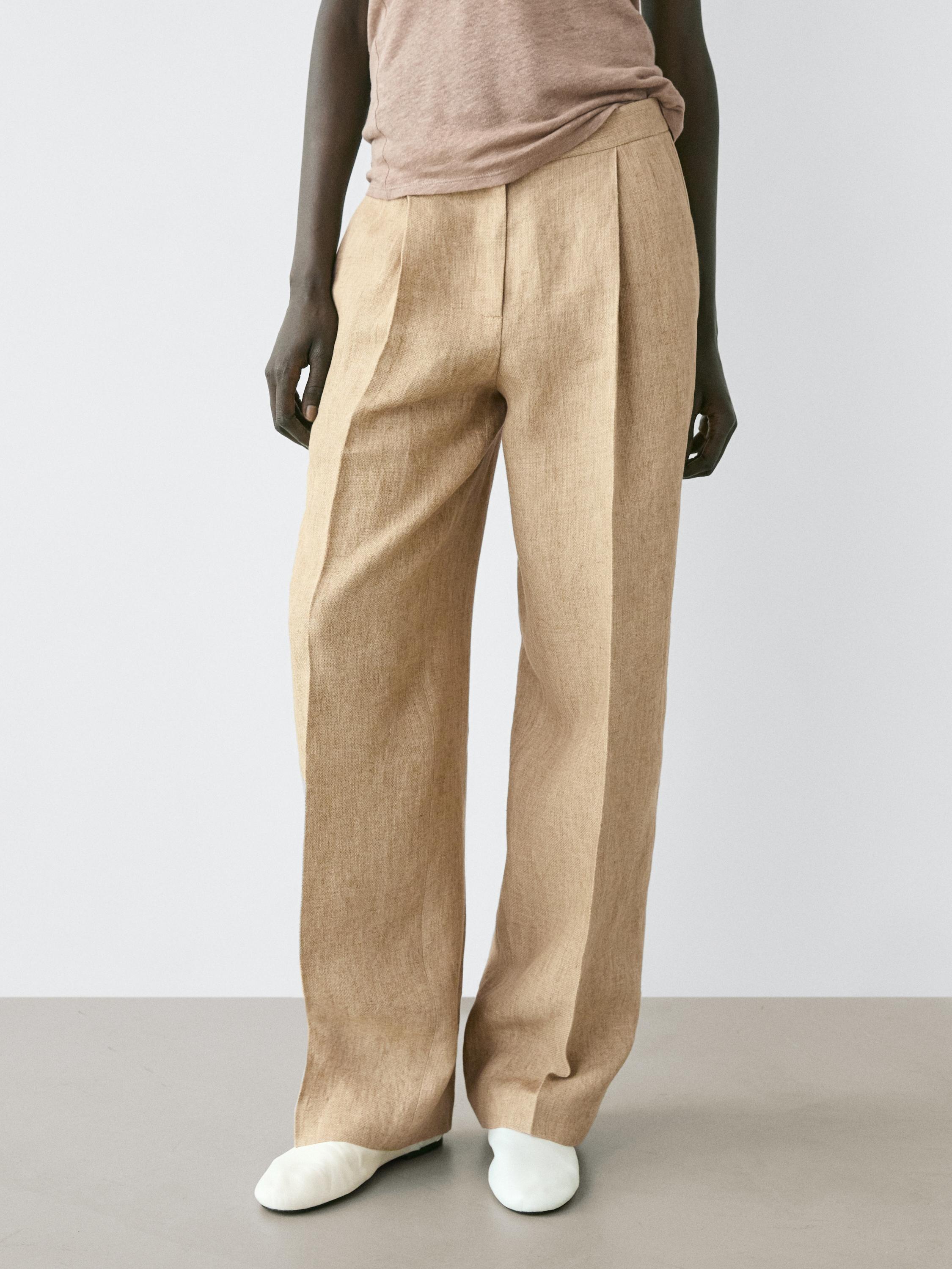 Keten karışımlı pens detaylı dökümlü pantolon