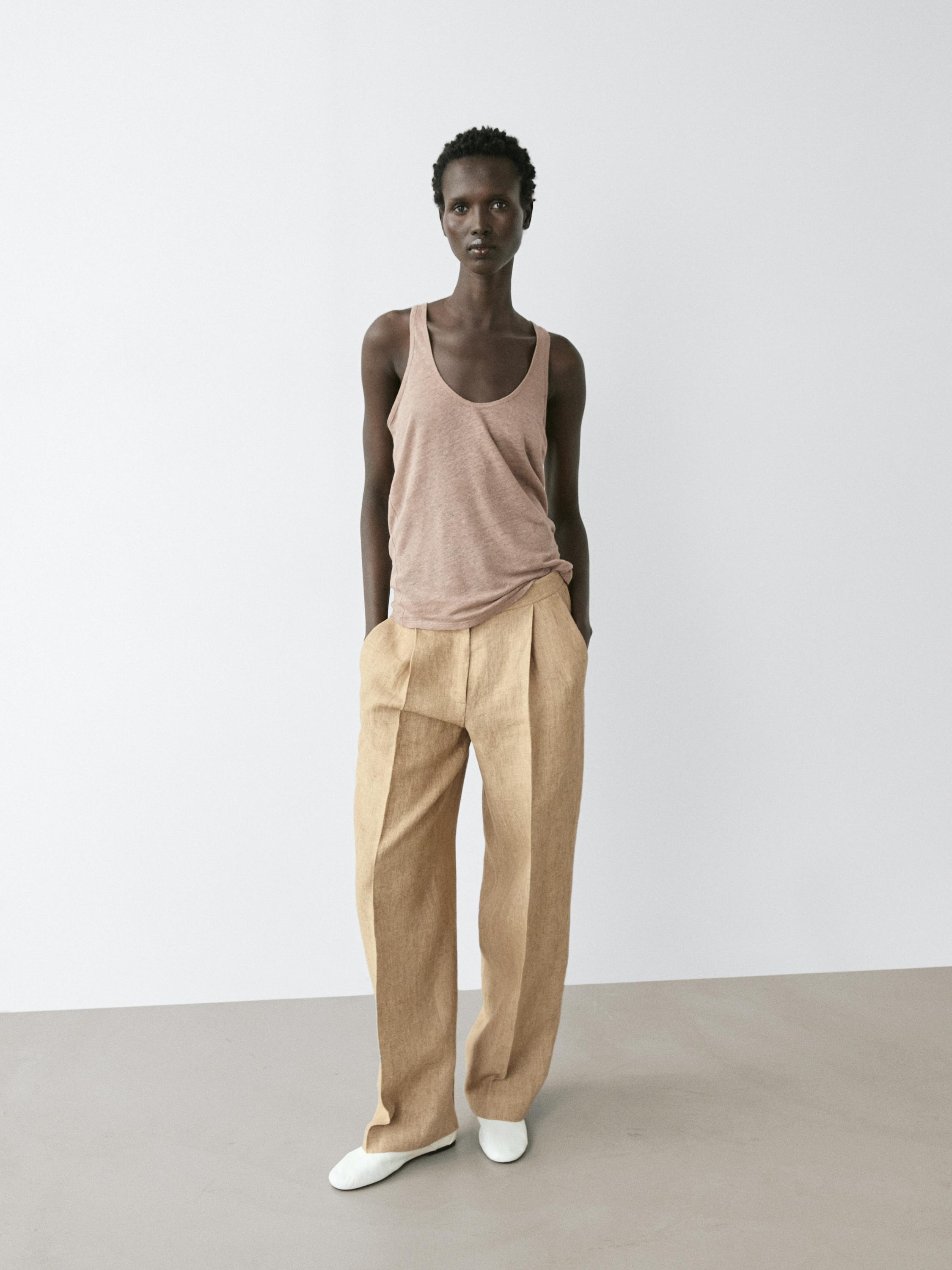 Flowing linen trousers with darts — BEIGE