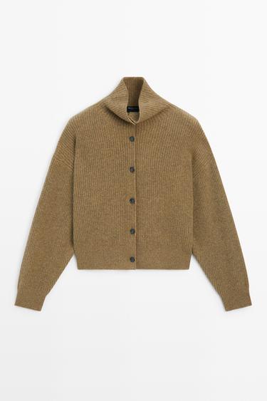 100% wool purl funnel neck cardigan — OIL 2
