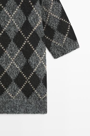 Cashmere-blend short sleeve argyle knit sweater — GREY 7