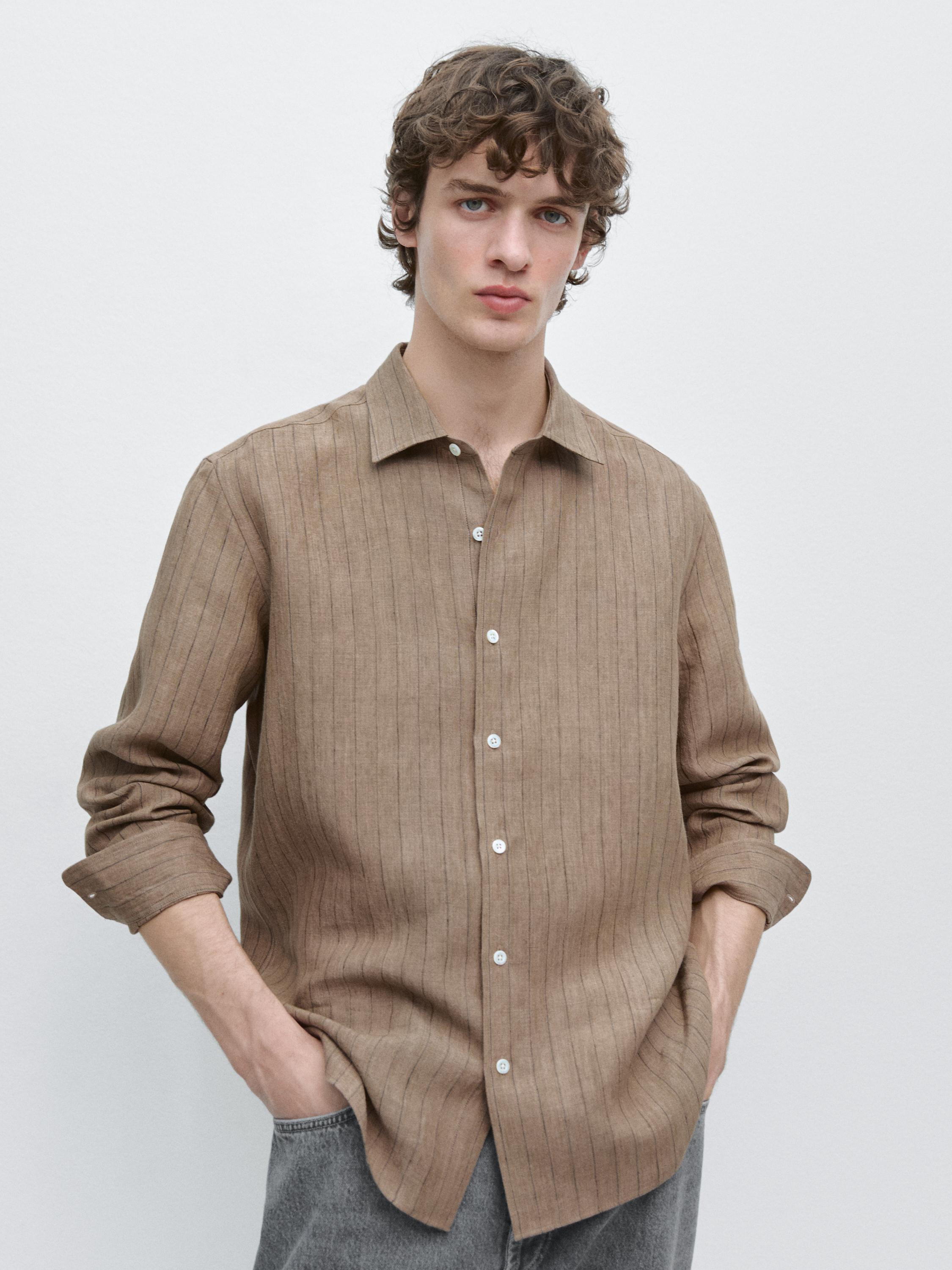 Regular fit 100% linen striped shirt — BEIGE