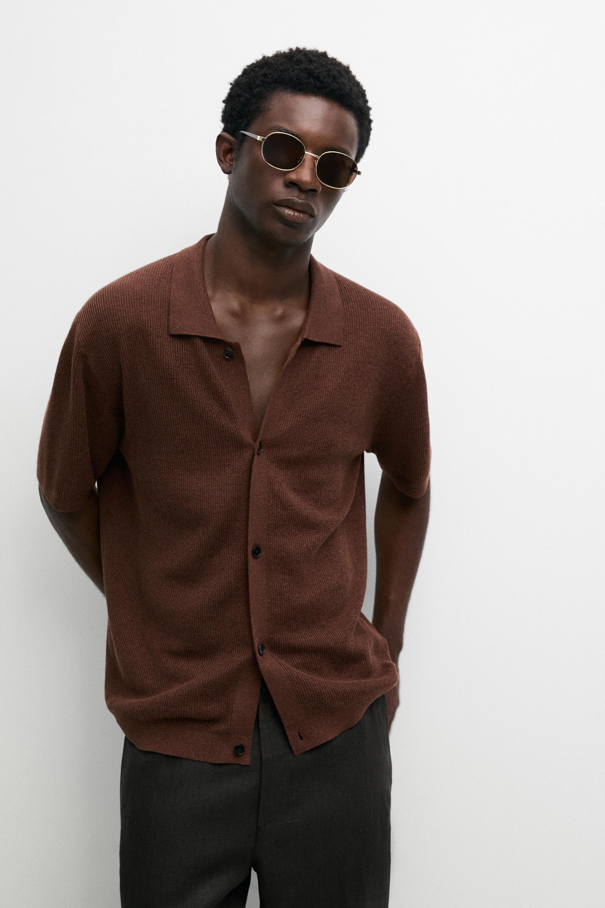 Linen blend melange knit button polo shirt