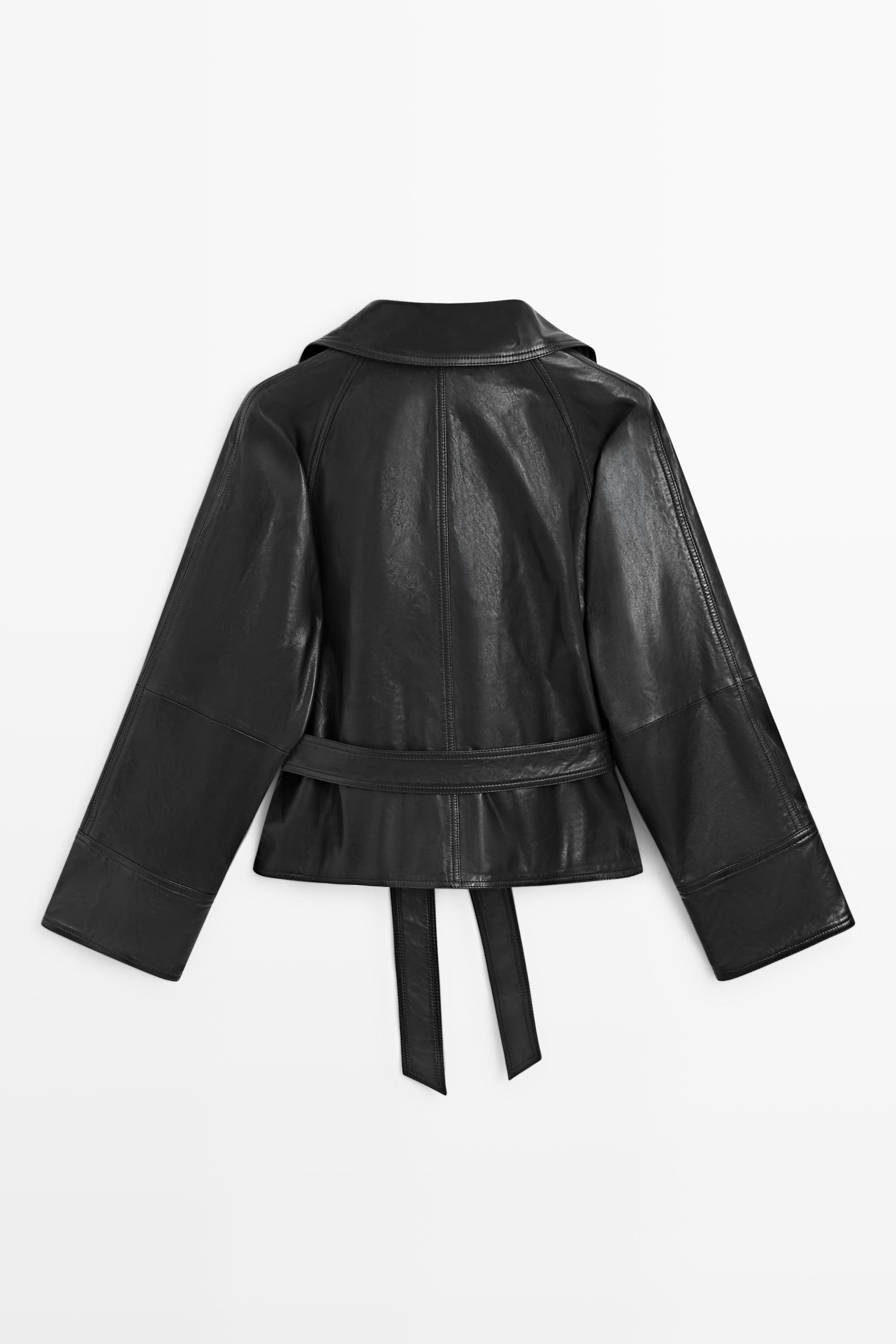Short high neck leather trench coat — BLACK