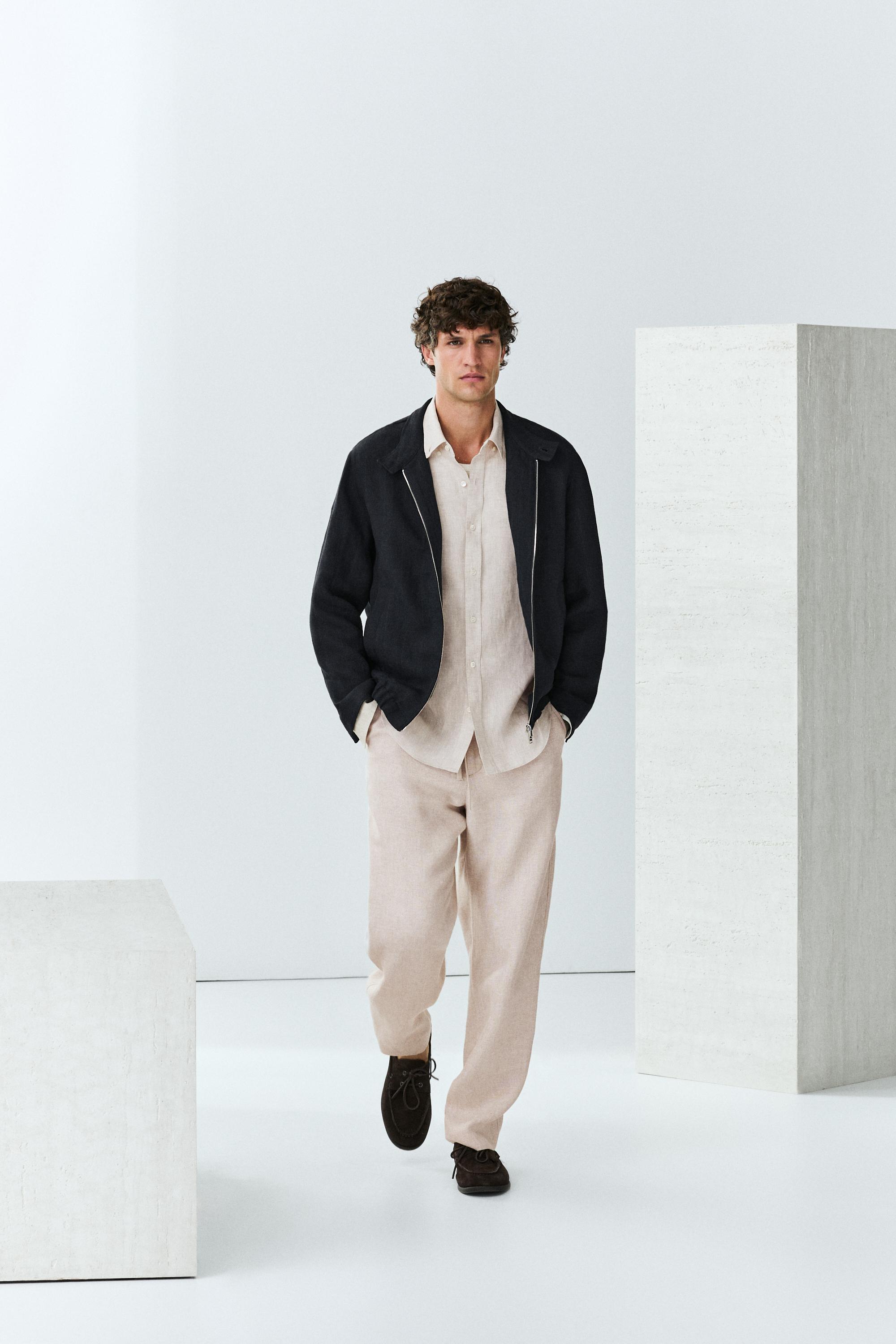 100% linen banded collar jacket — NAVY BLUE