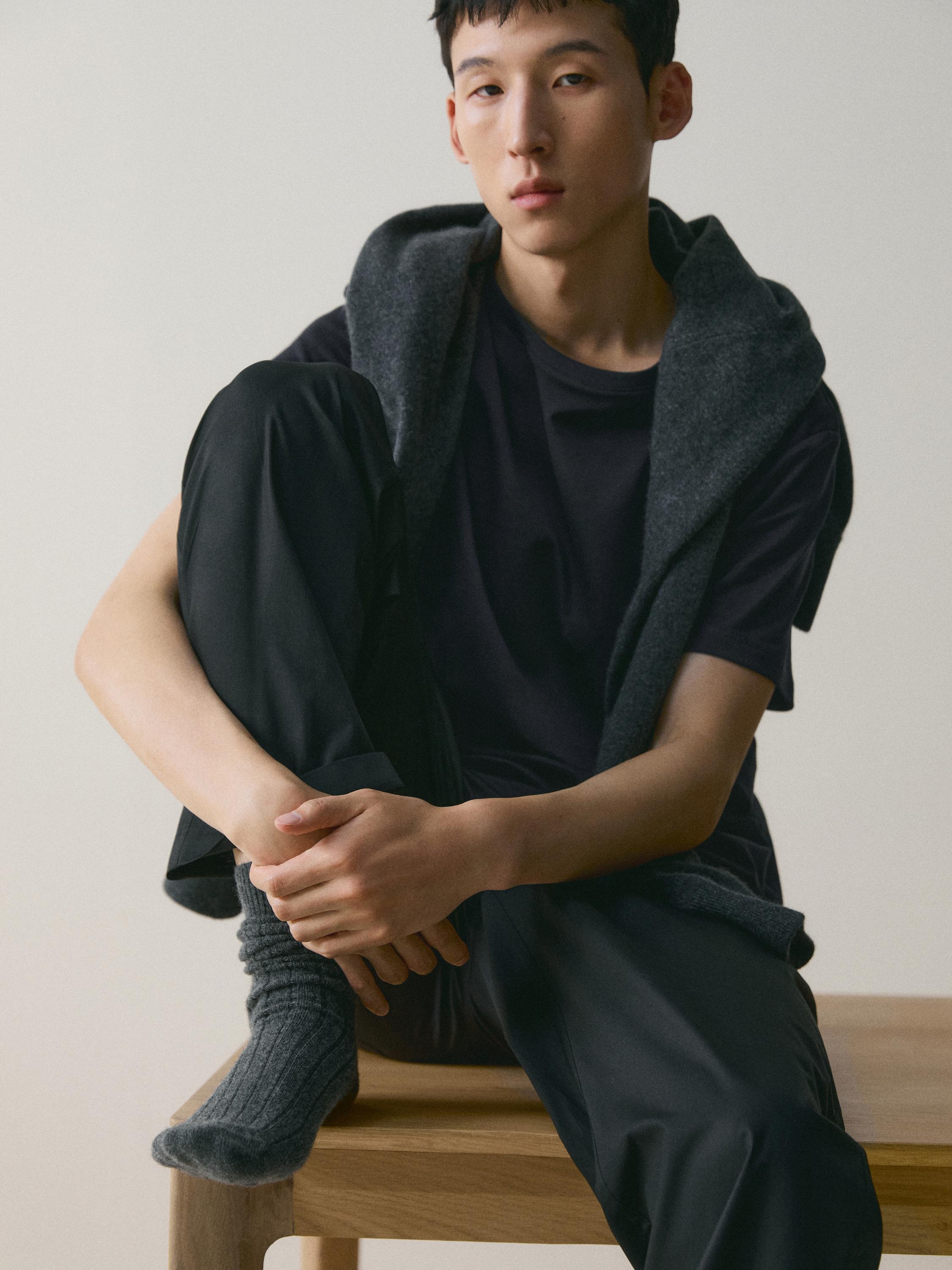 Short sleeve pyjama top and striped trousers