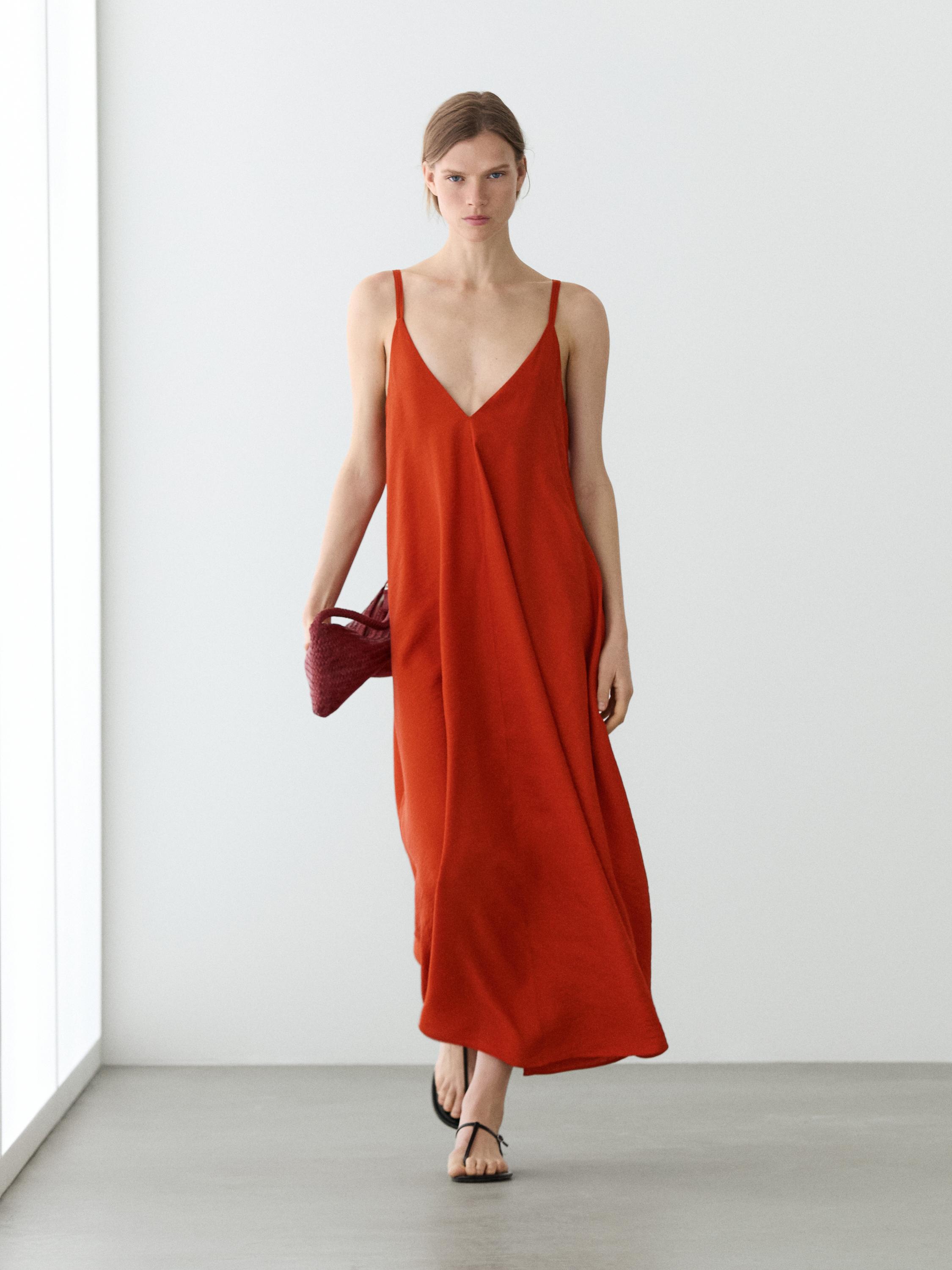 Maxi Dress Dutti Dress Long 100% Linen Dress With Neckline Detail Red Dress Massimo Maxi Dress Dutti Dress Long 100% Linen Dress With Neckline Detail Red Dress Massimo