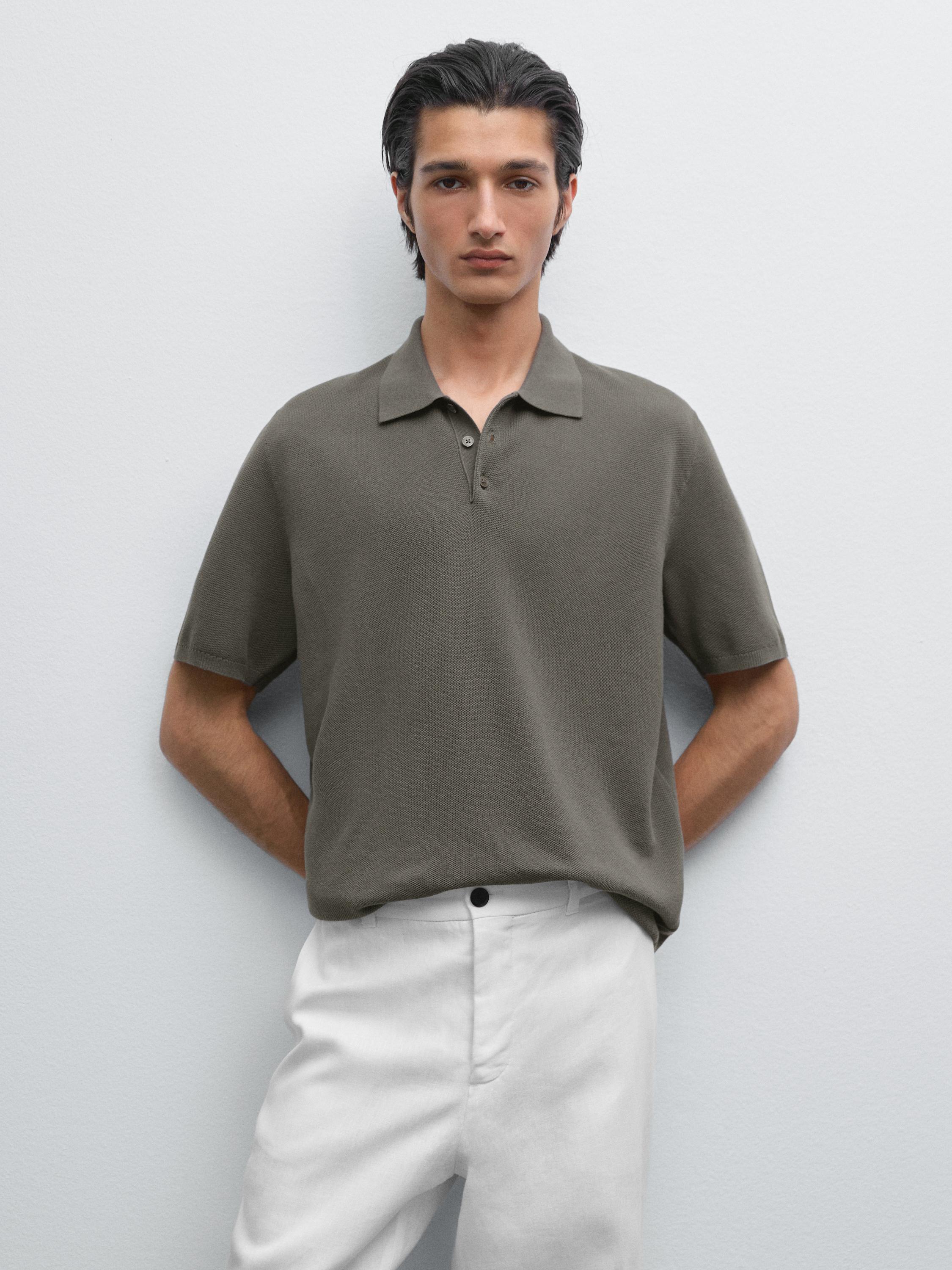Textured cotton knit polo shirt