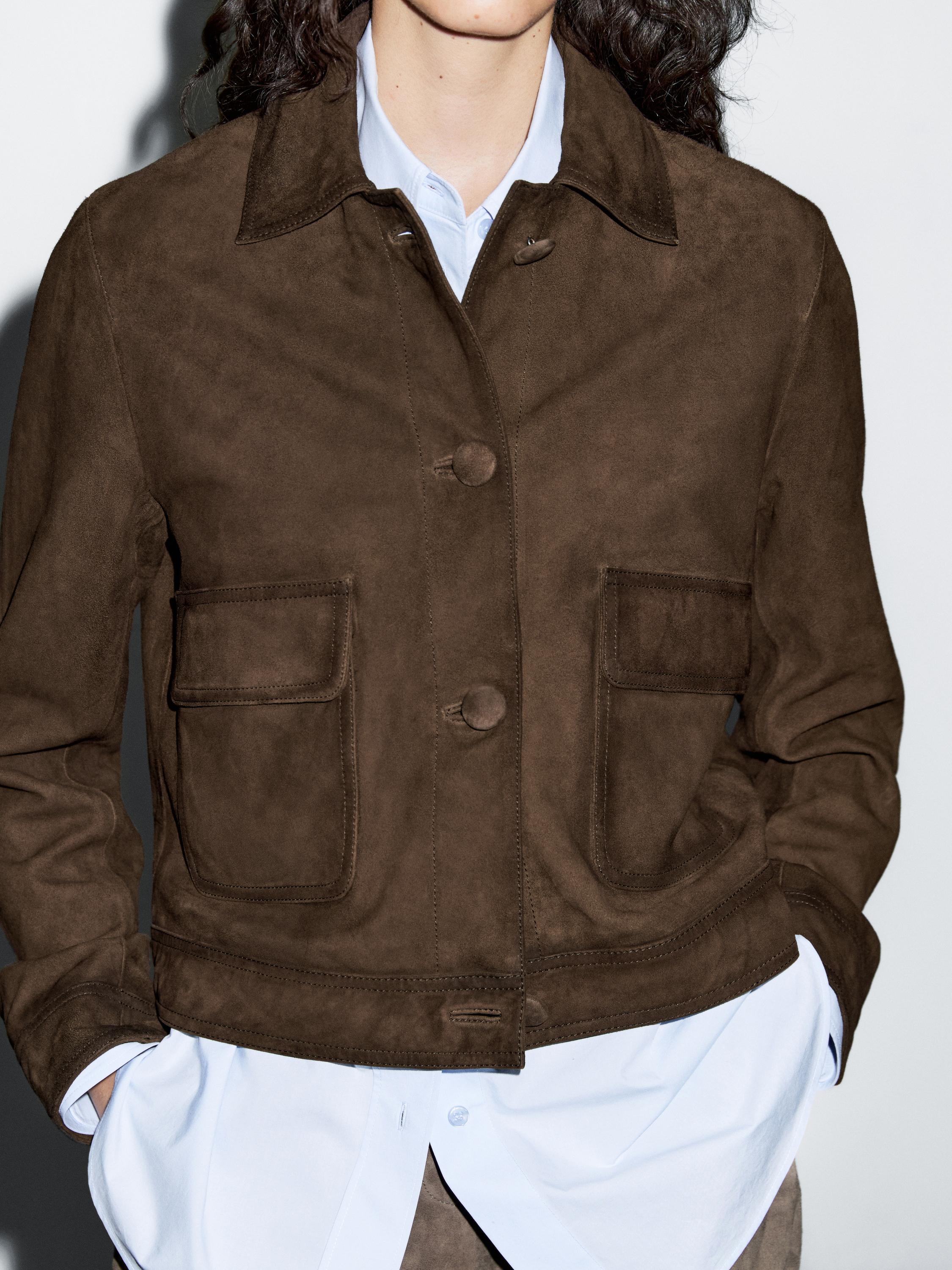 Cropped suede leather-lined jacket with buttons