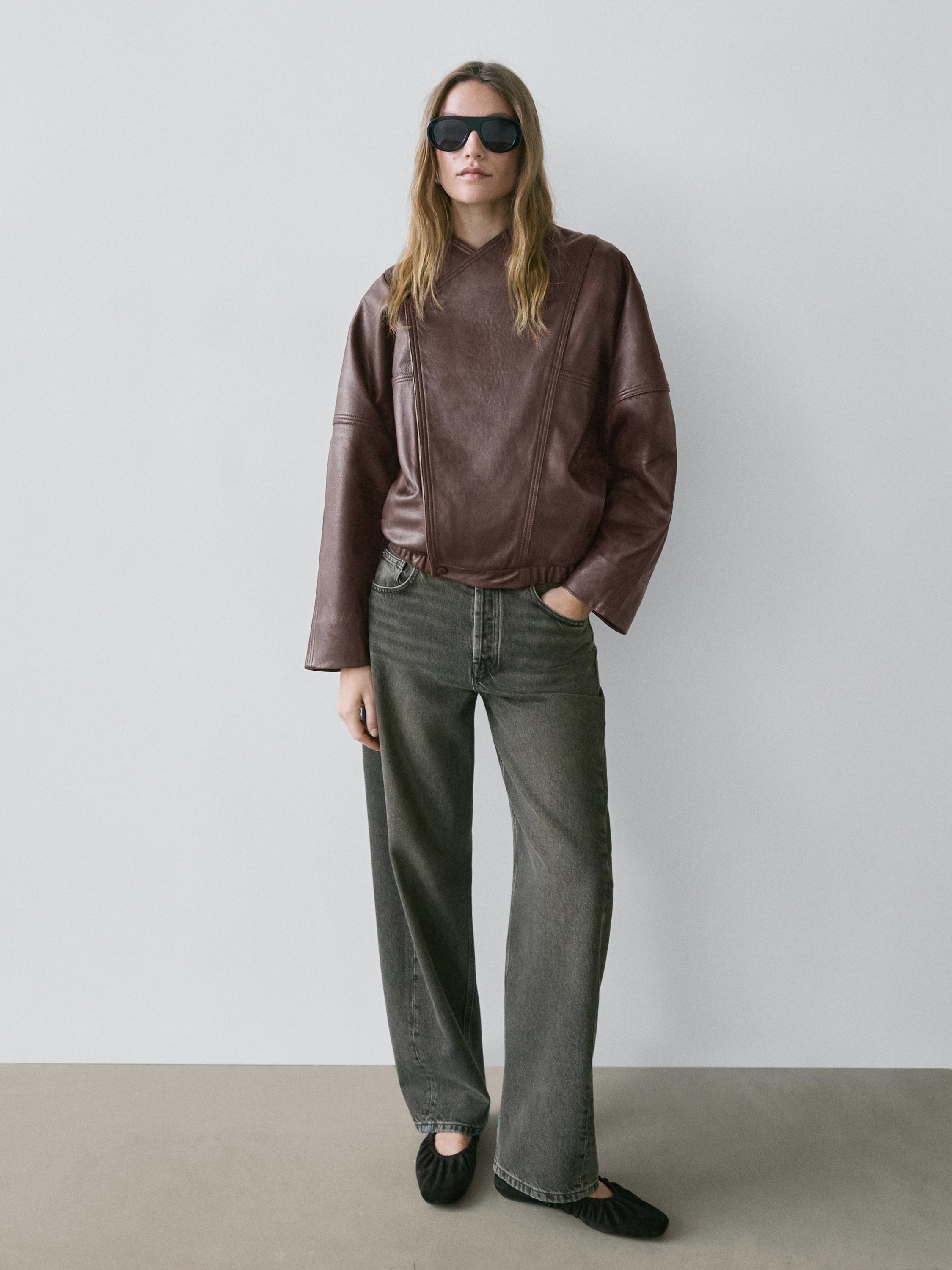 Asymmetric nappa leather bomber jacket — BROWN