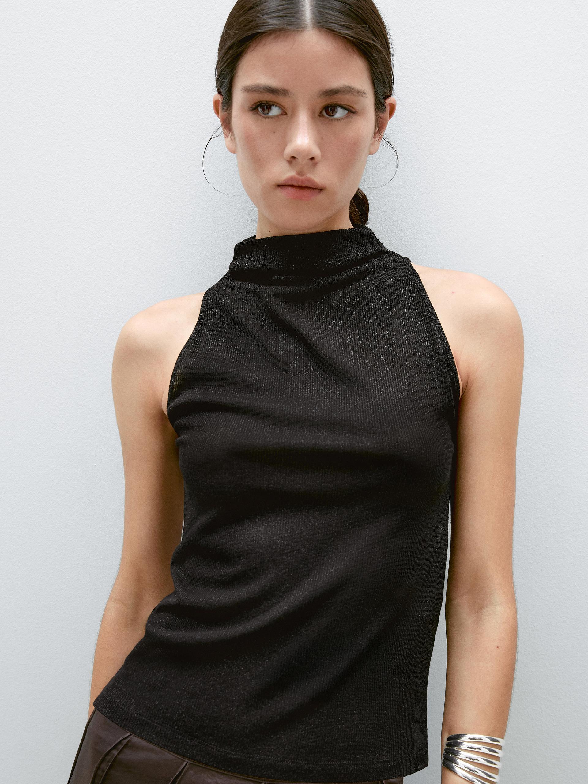 Top Cuello Halter Efecto Metalizado - Negro - Xs - Massimo Dutti - Mujer