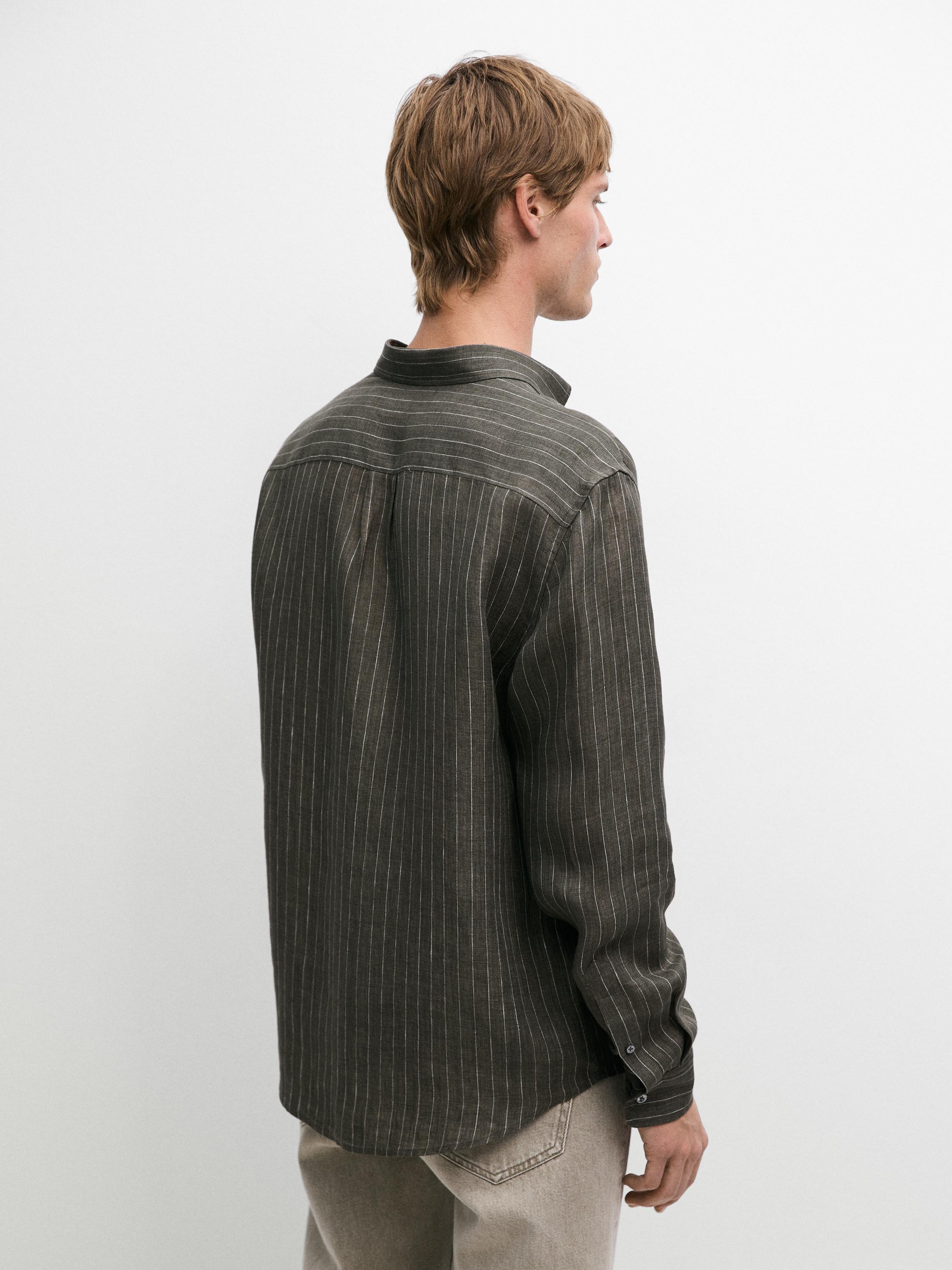 100% linen regular fit striped flowing shirt — GREEN MARL