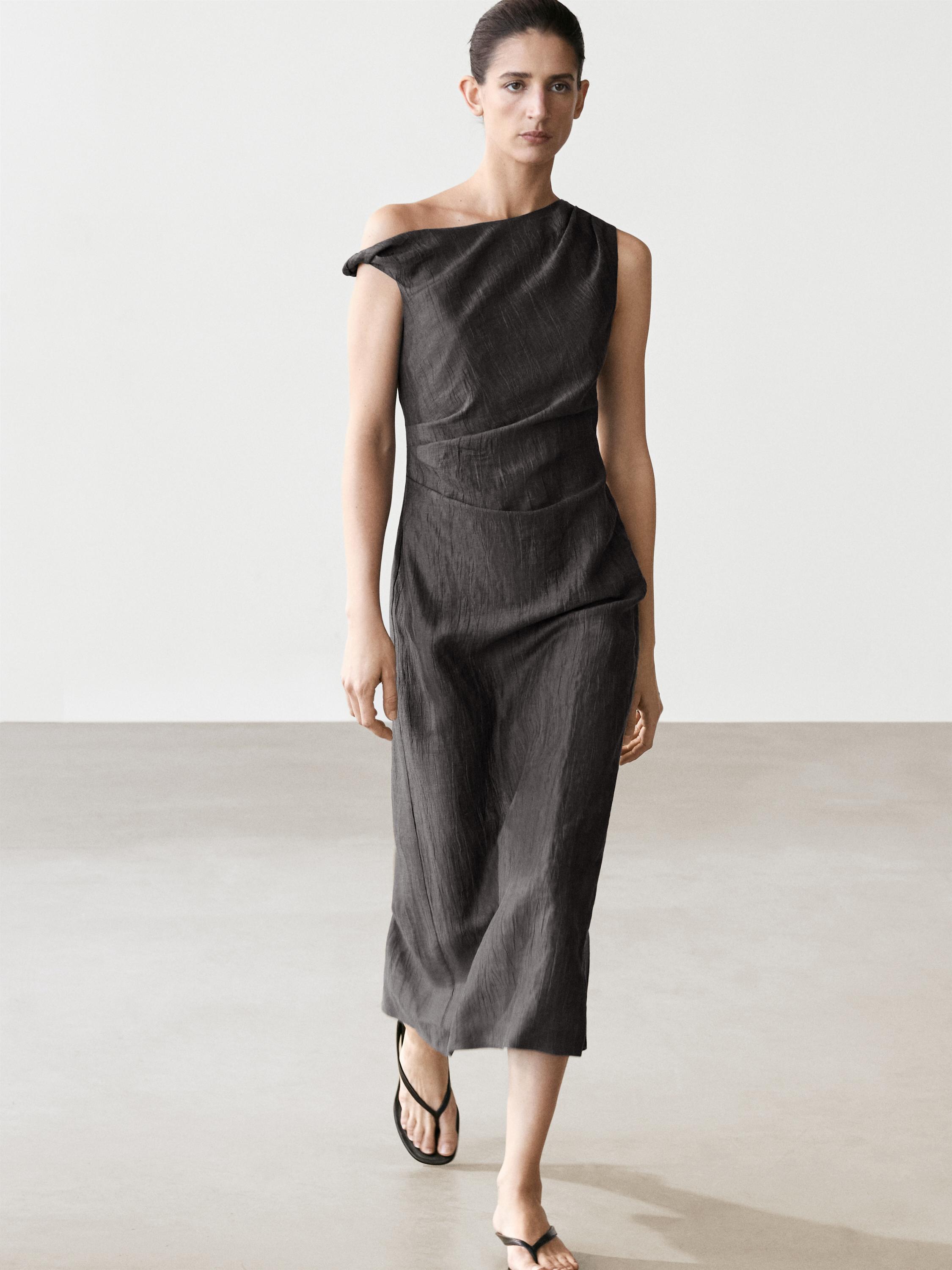 Midi dress with pleated shoulder detail — DARK GREY