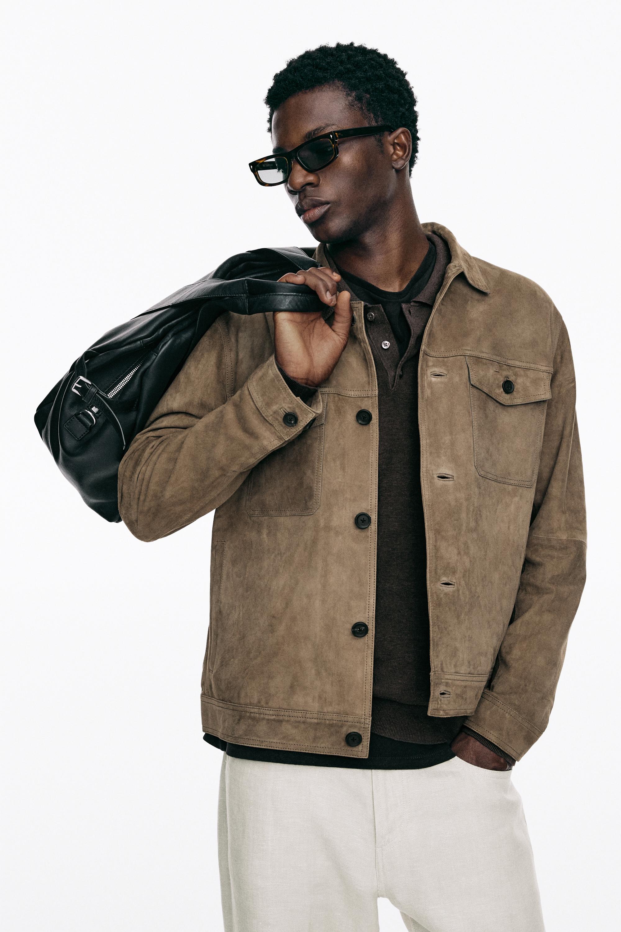 Distressed effect leather jacket with pockets — PALE GREEN