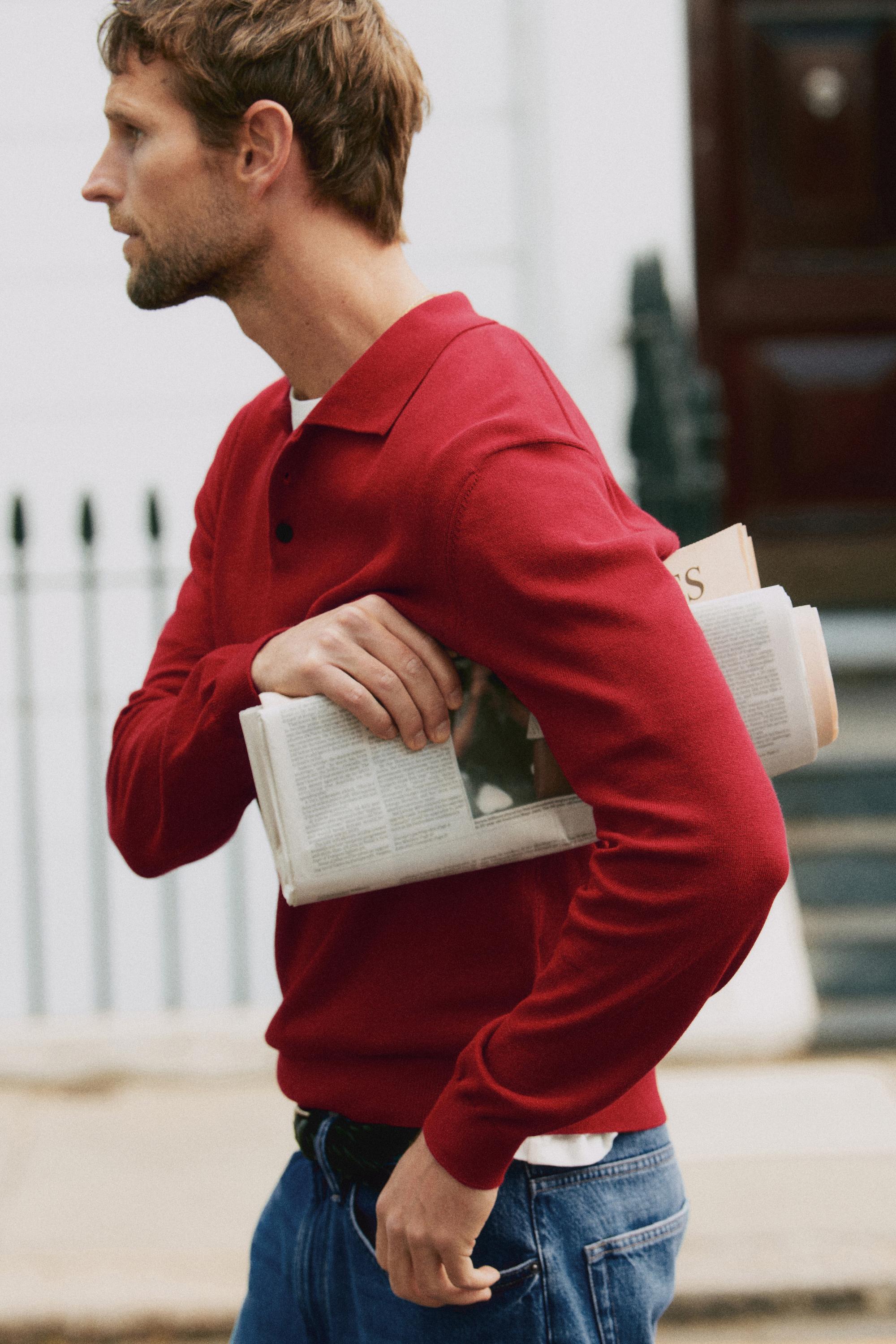 100% cotton knit polo sweater — RED