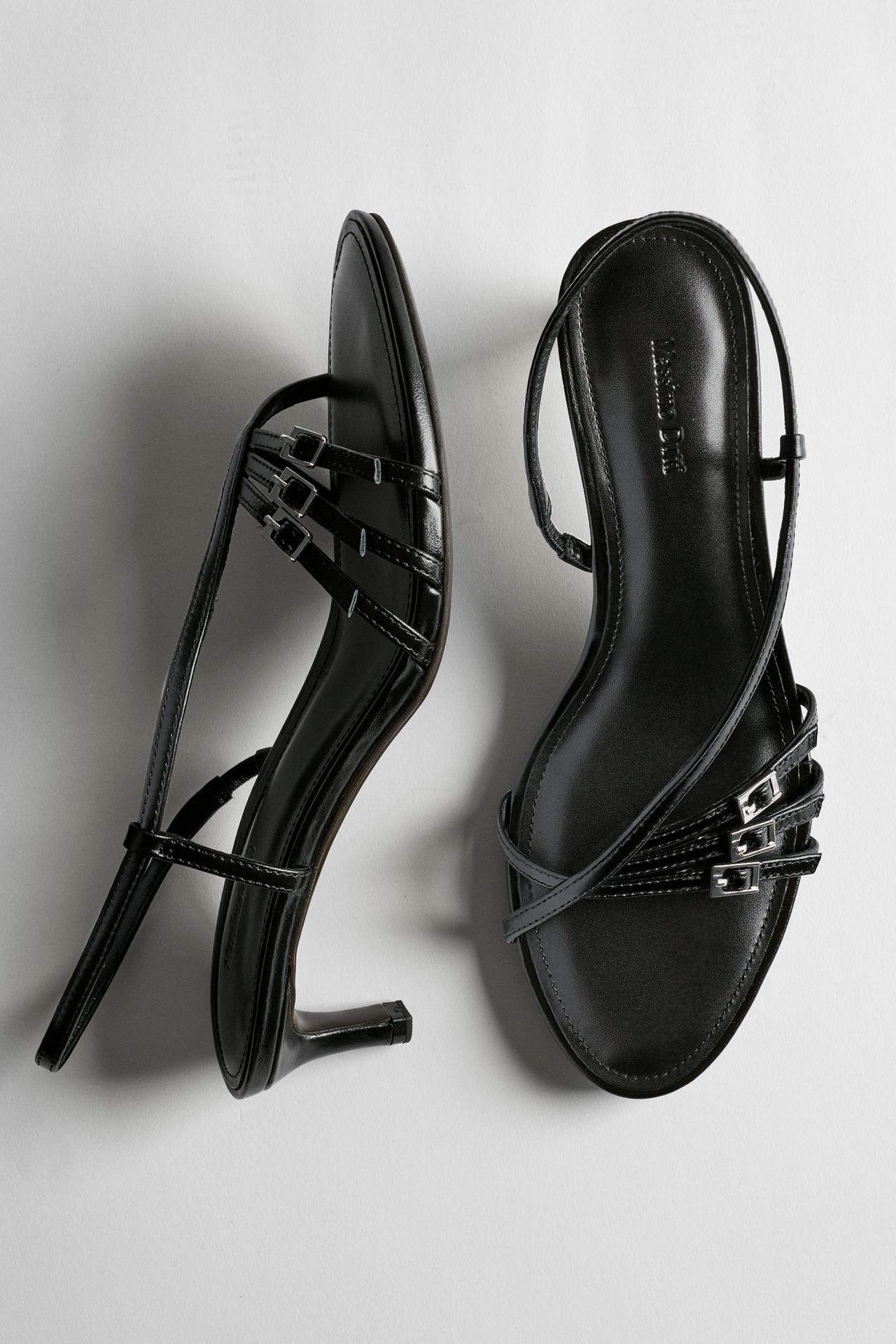 Leather heeled sandals with buckles — BLACK