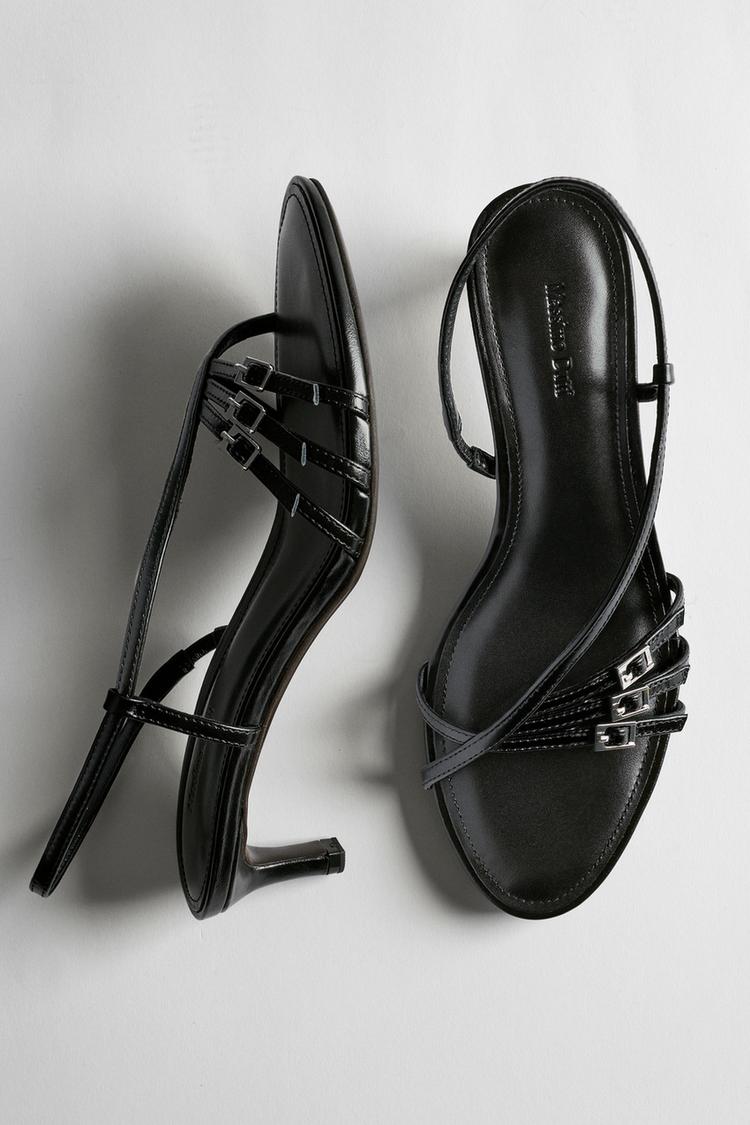 Leather heeled sandals with buckles — BLACK