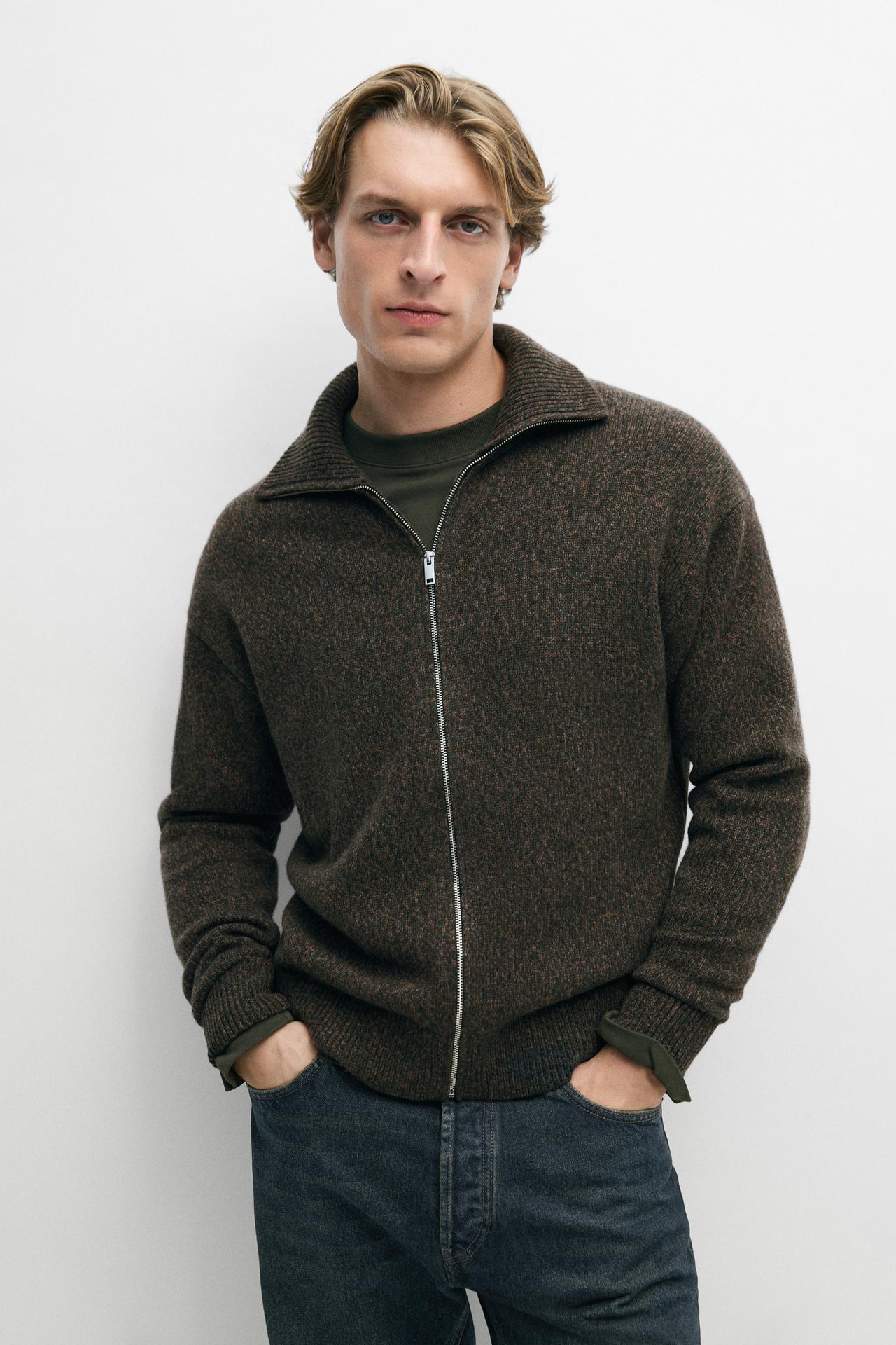 100% wool knit zip-up cardigan — PINE GREEN