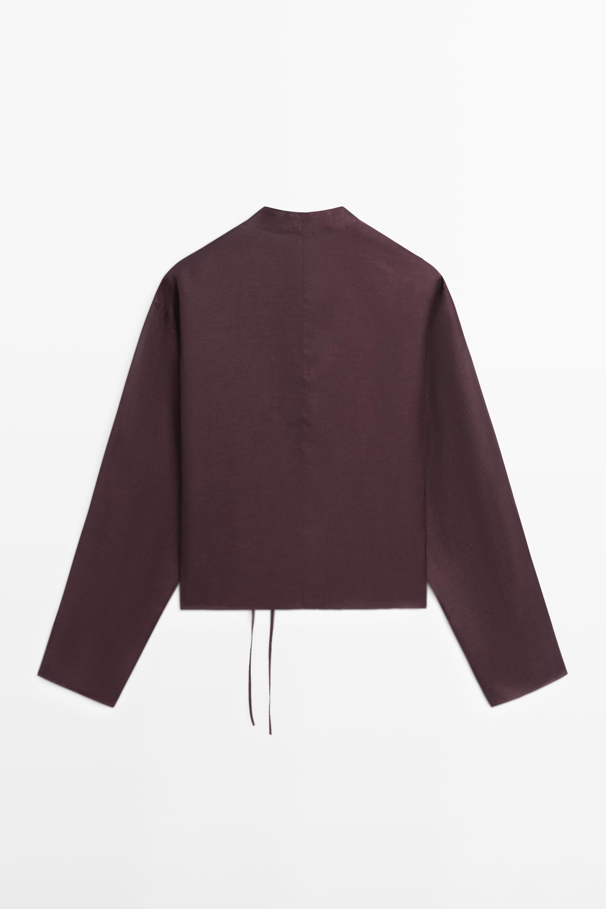 Linen blend shirt with bow detail — AUBERGINE