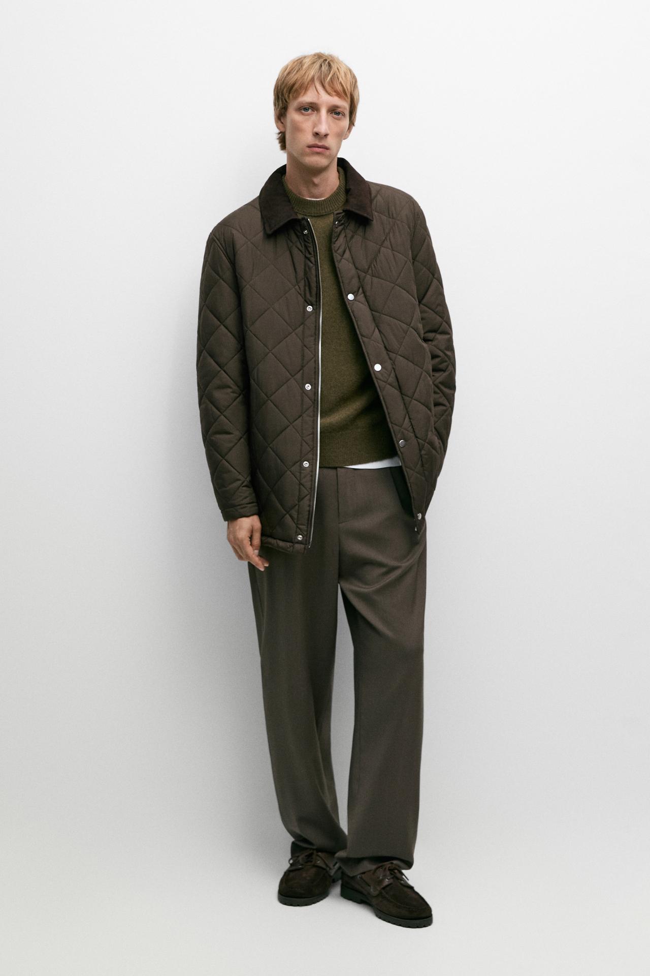 Long quilted jacket with corduroy collar — BROWN MARL