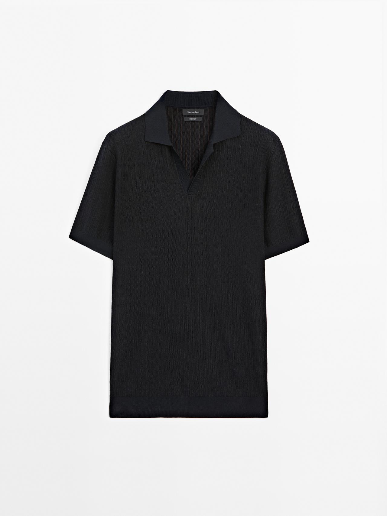 Massimo Dutti - Herre - Kortærmet Poloshirt I Jacquardstrik - Marineblå - M
