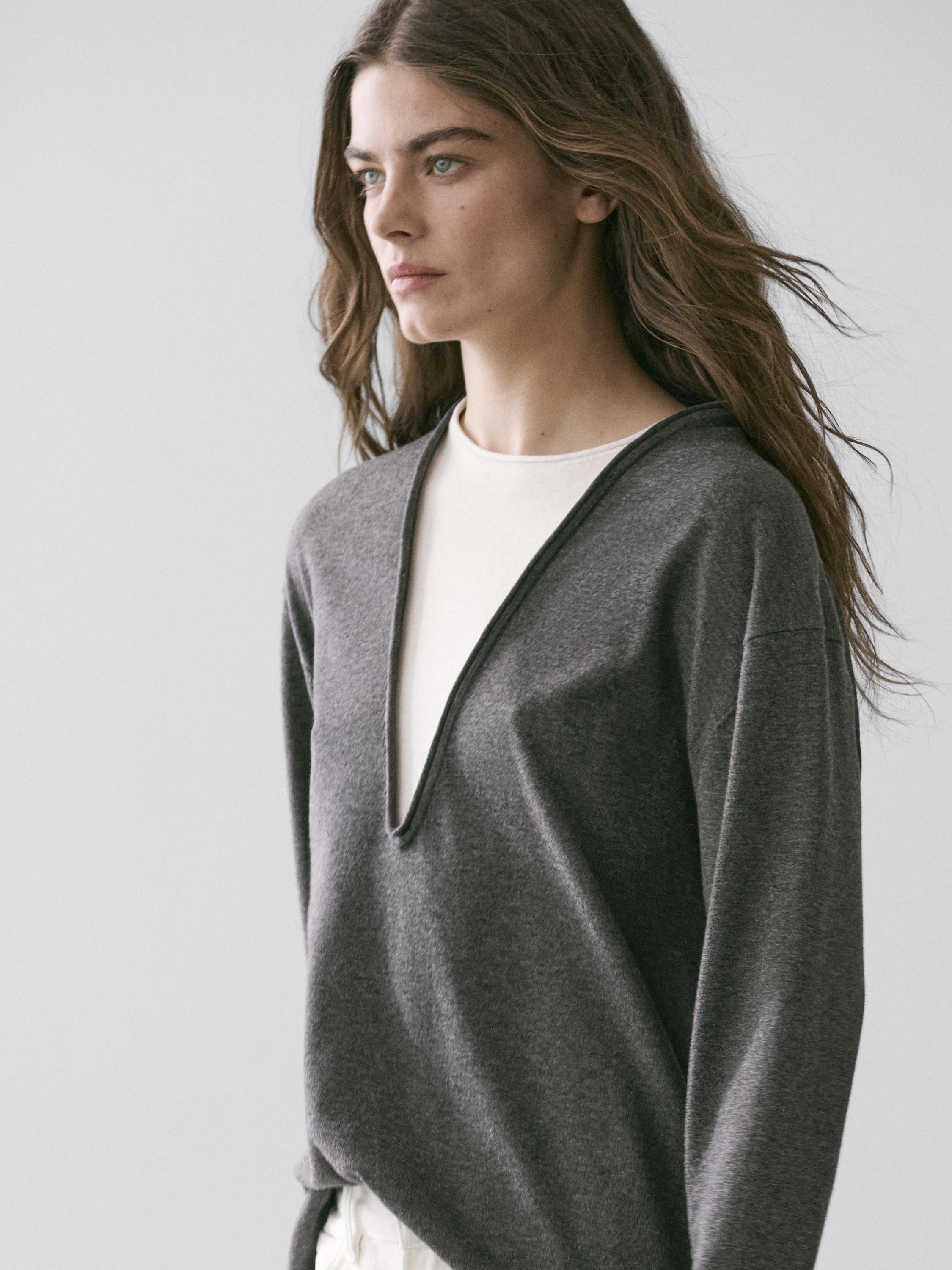 Cotton blend knit sweater with contrast fabric — CHARCOAL