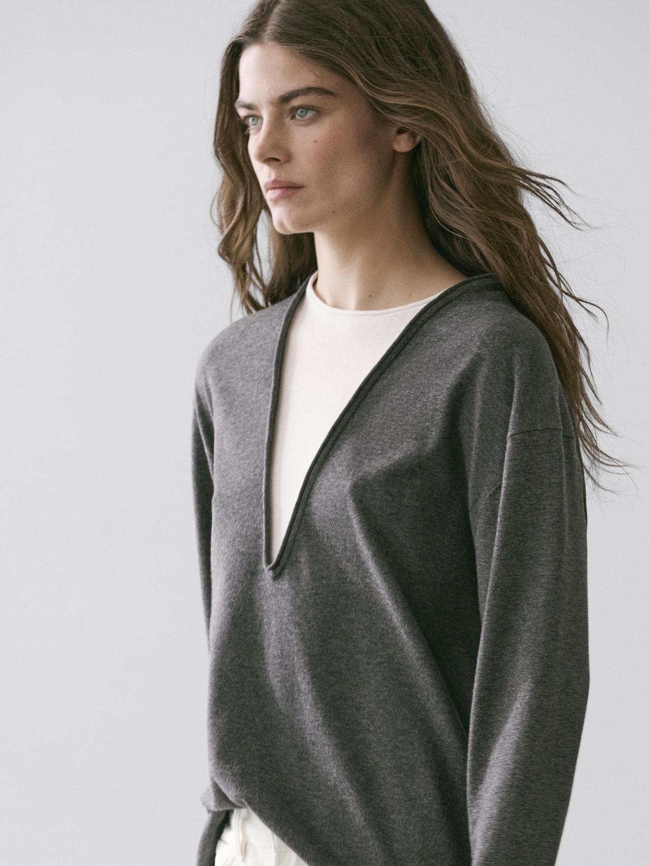 Cotton blend knit sweater with contrast fabric — CHARCOAL