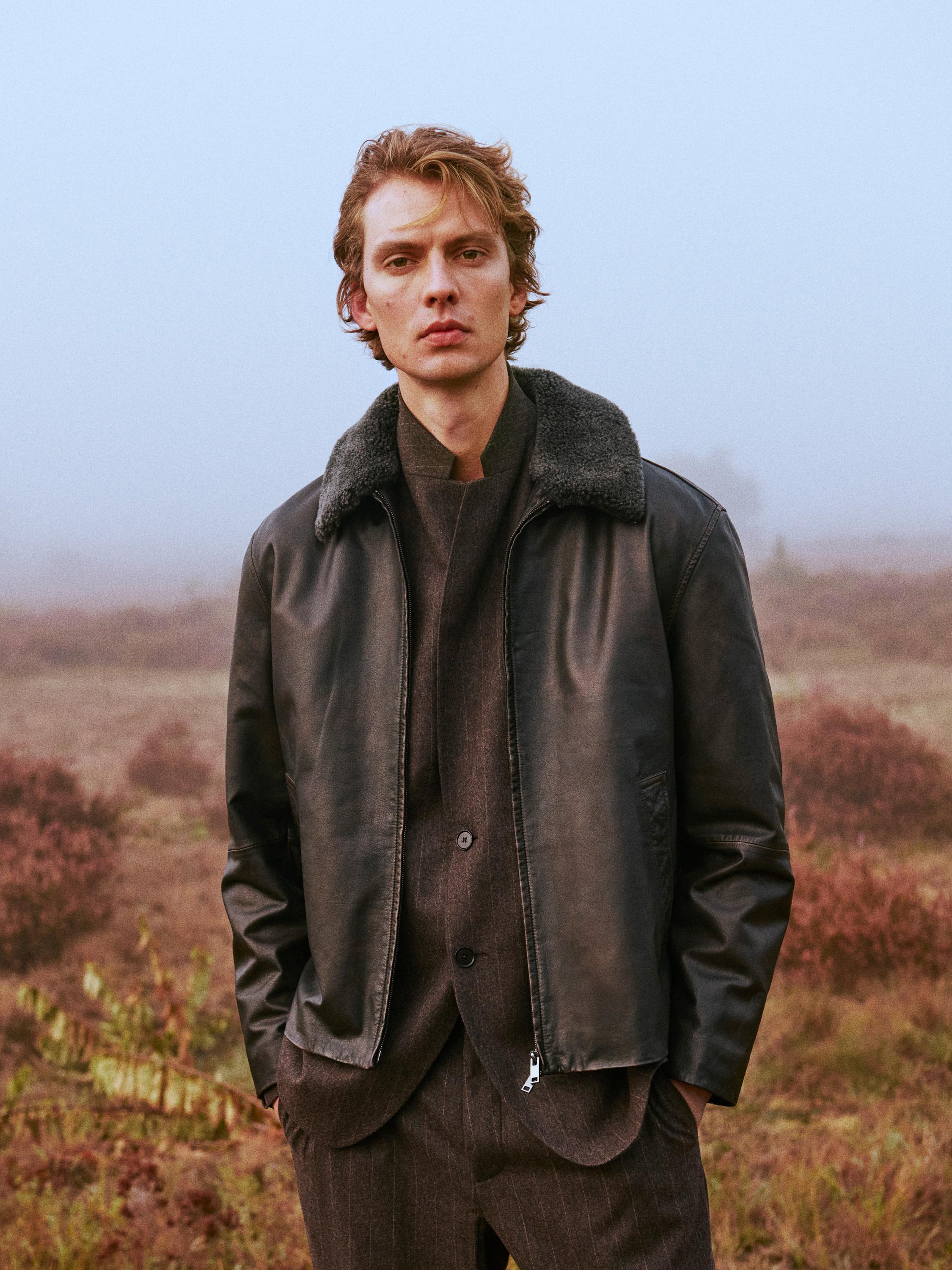 Nappa leather jacket with sheepskin collar