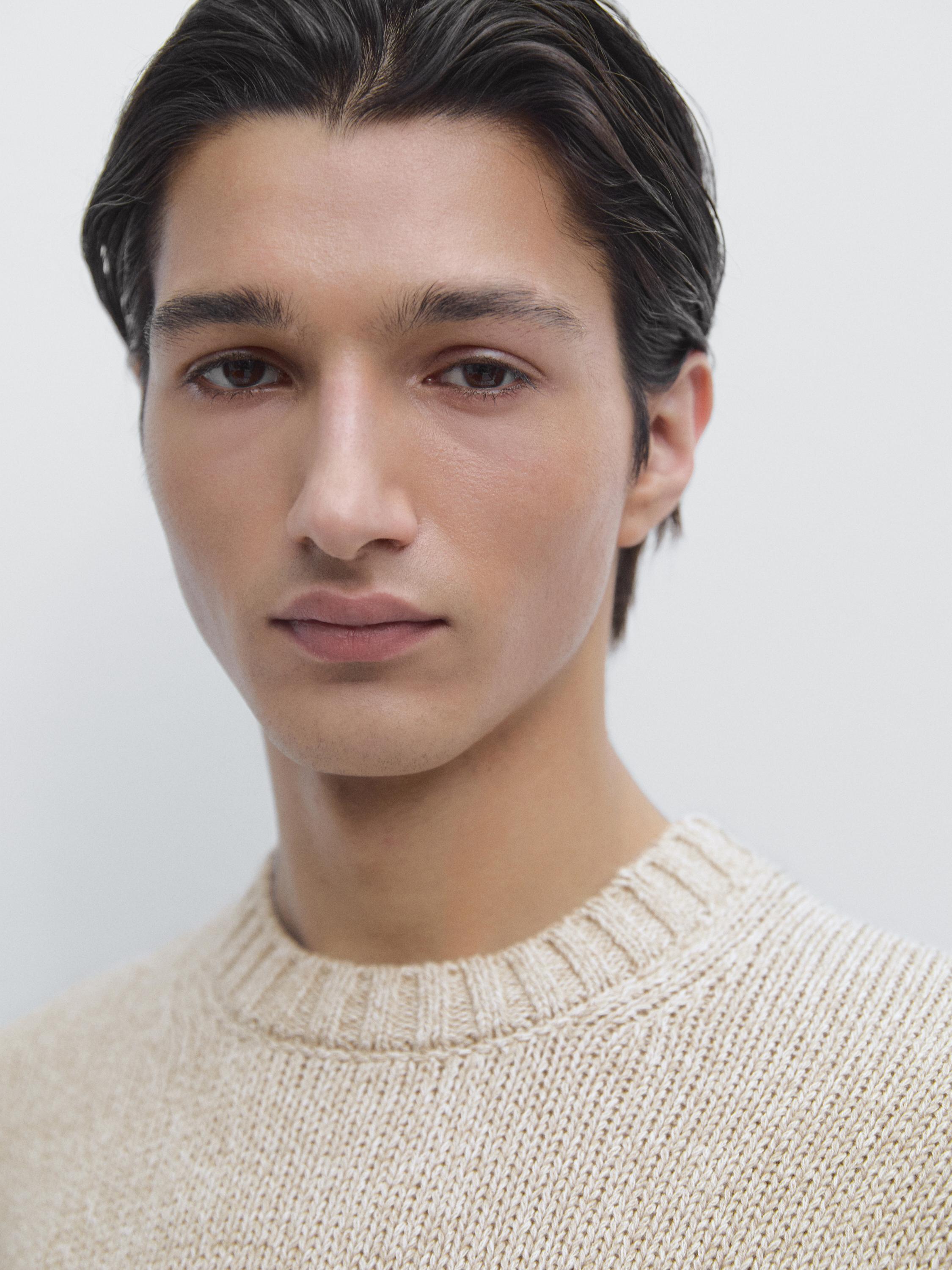 Cotton blend knit crew neck sweater — BEIGE