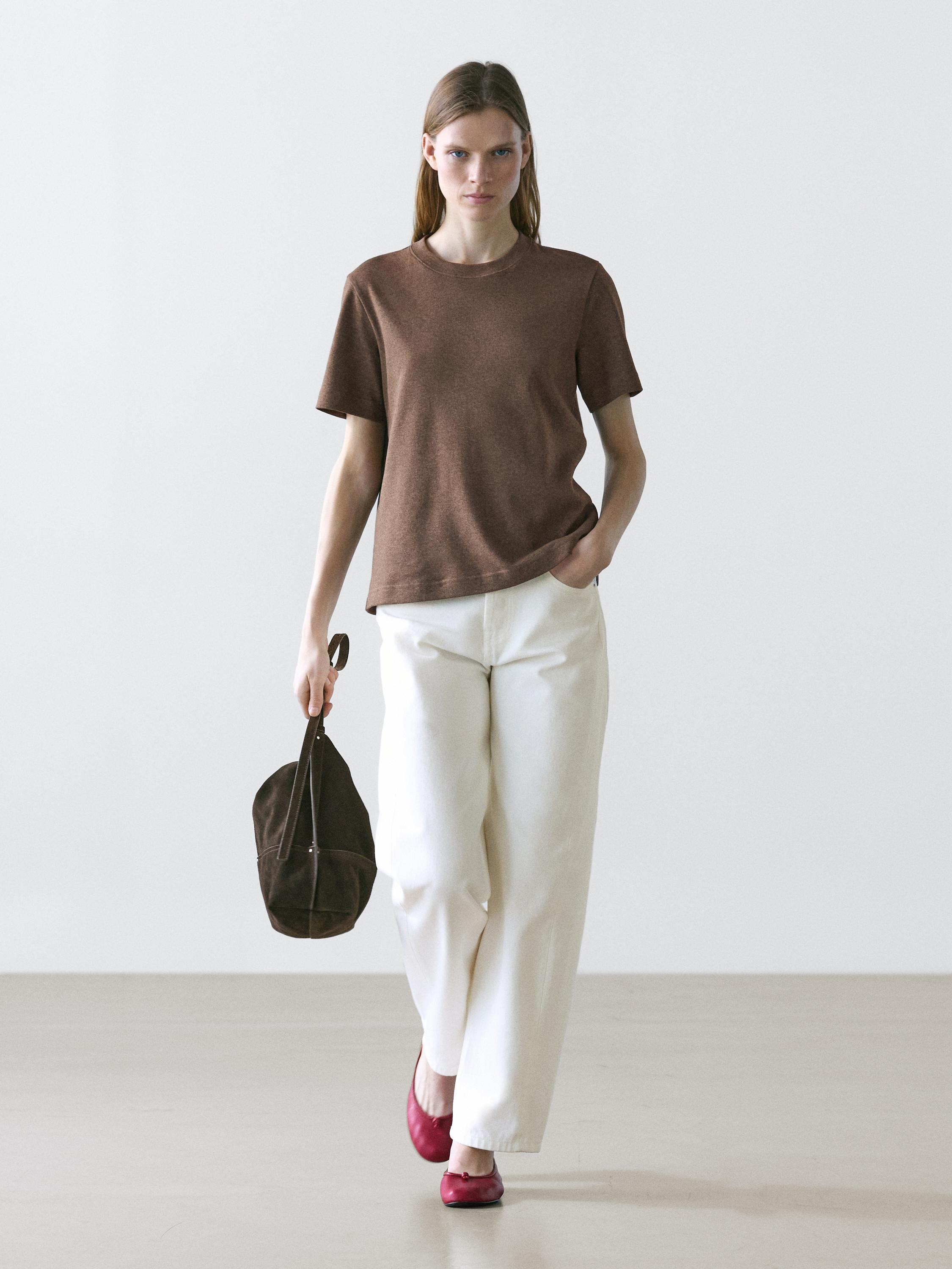 100% cotton interlock crew neck T-shirt — BROWN MARL