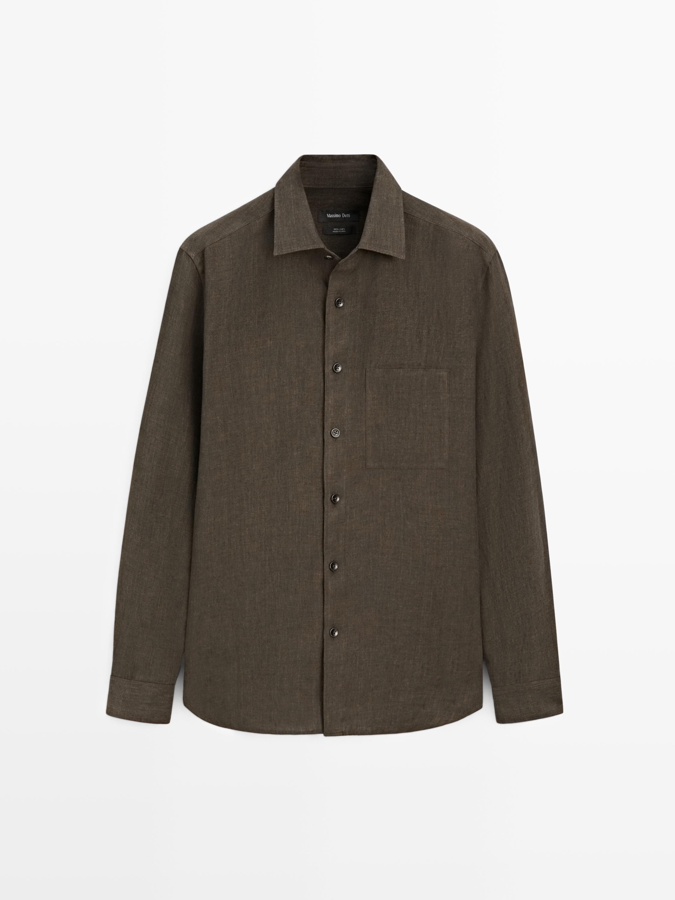 Camicia regular fit délavé con tasca in lino