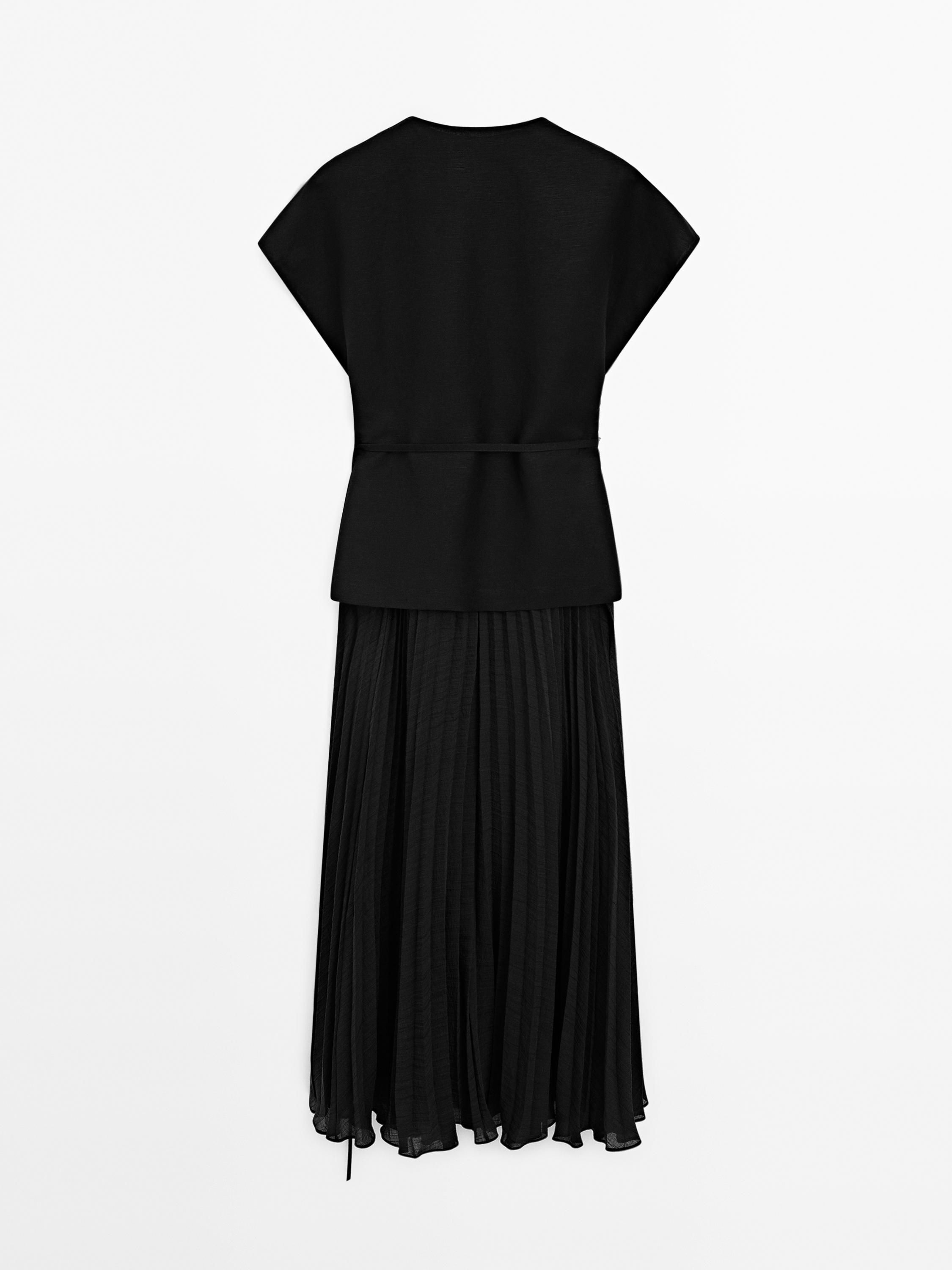 Long pleated dress with waistcoat detail