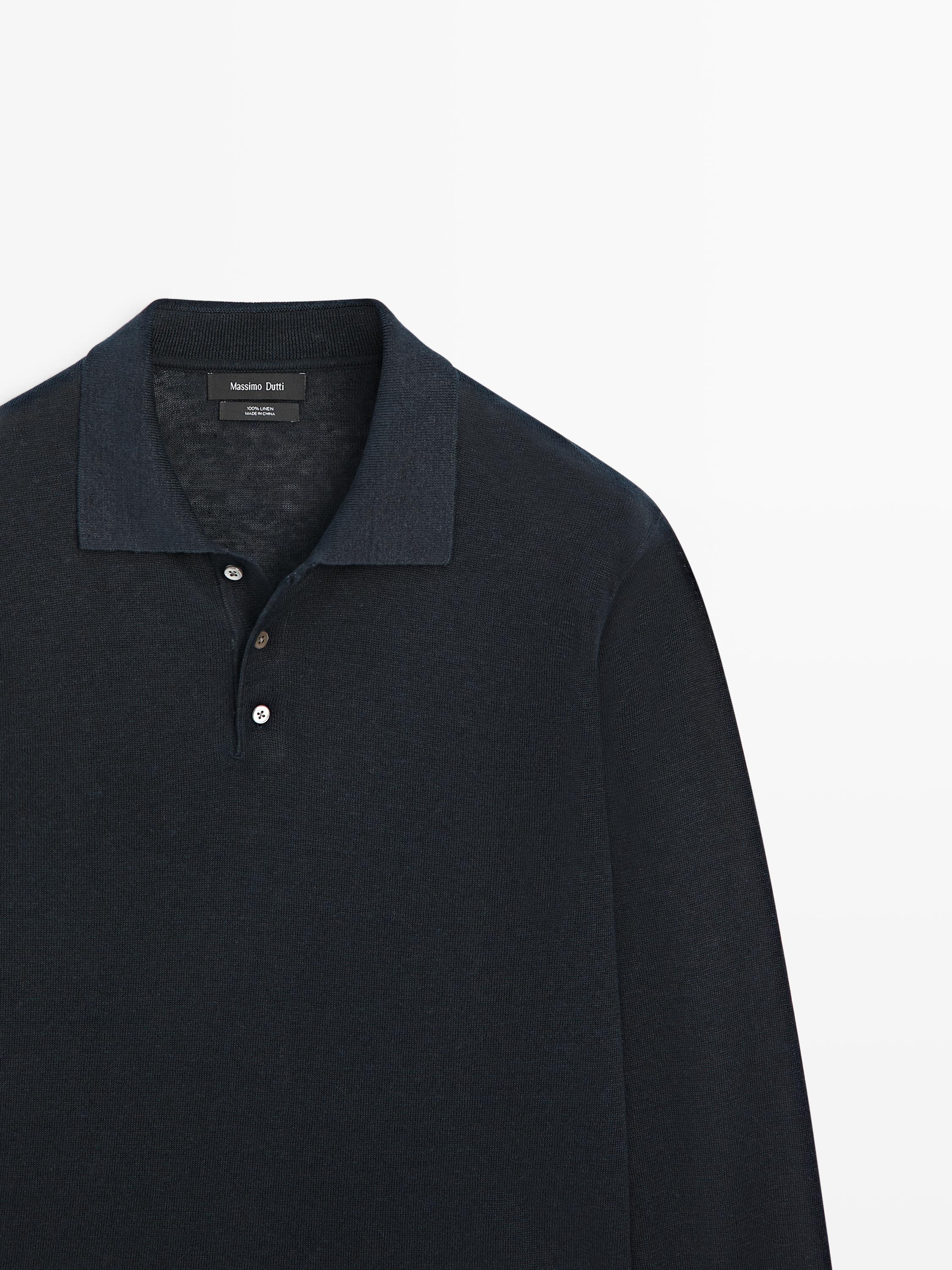 100% linen knit polo collar sweater — NAVY BLUE