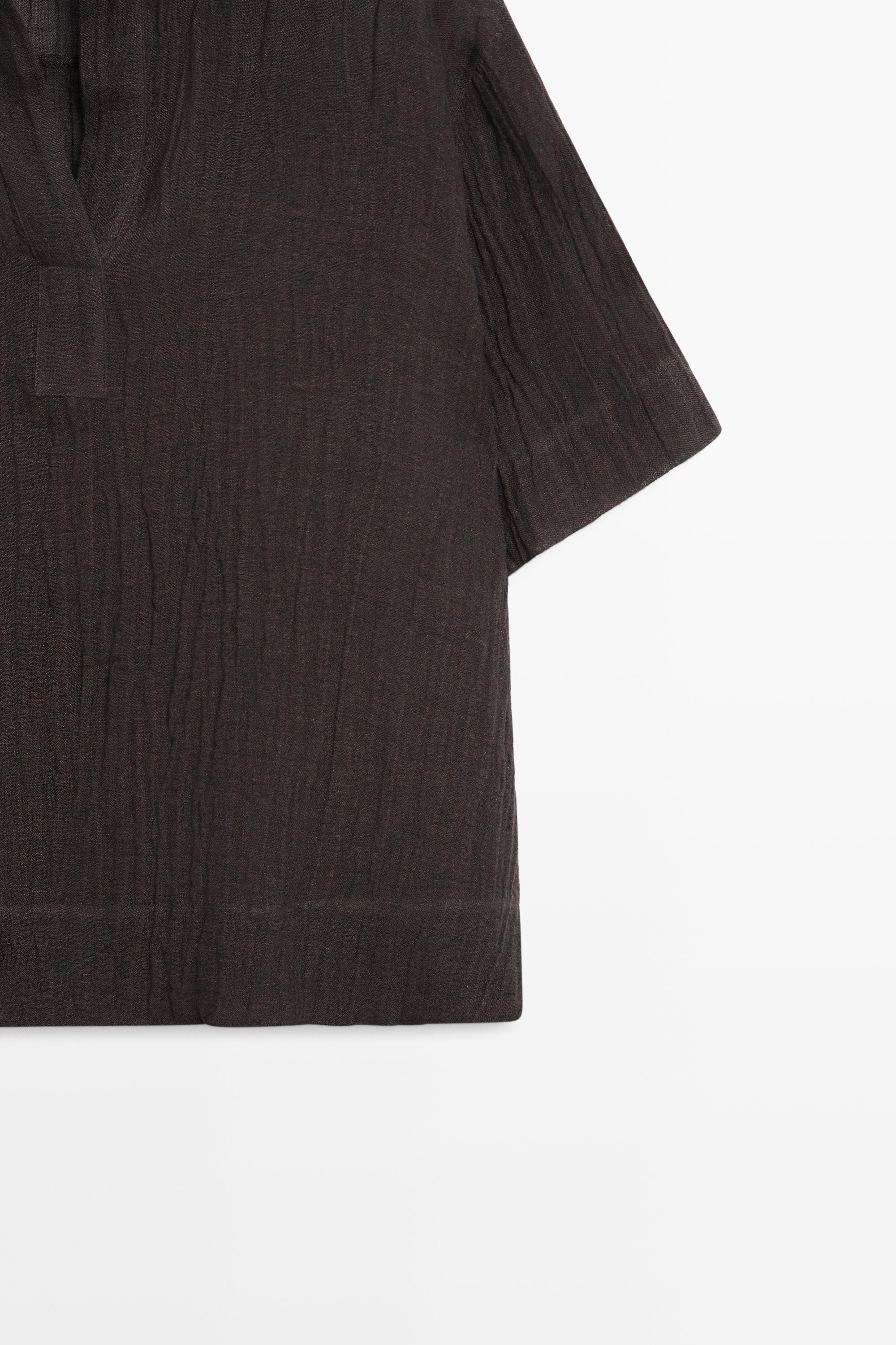 Flowing linen blend polo blouse — BROWN