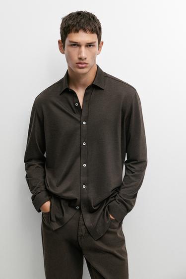Stretch slim fit cotton shirt — BROWN 3