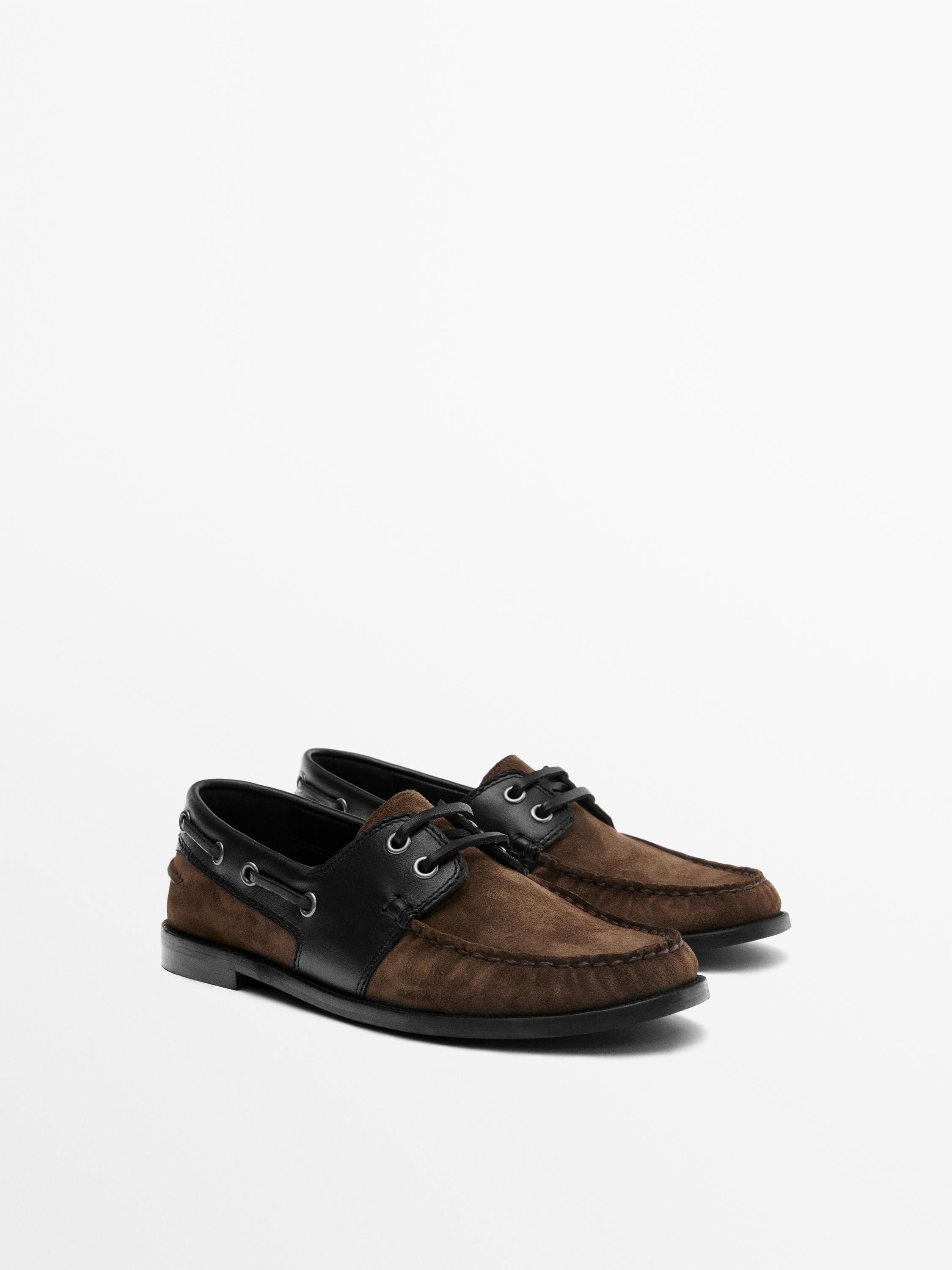 Contrast leather deck shoes — BROWN