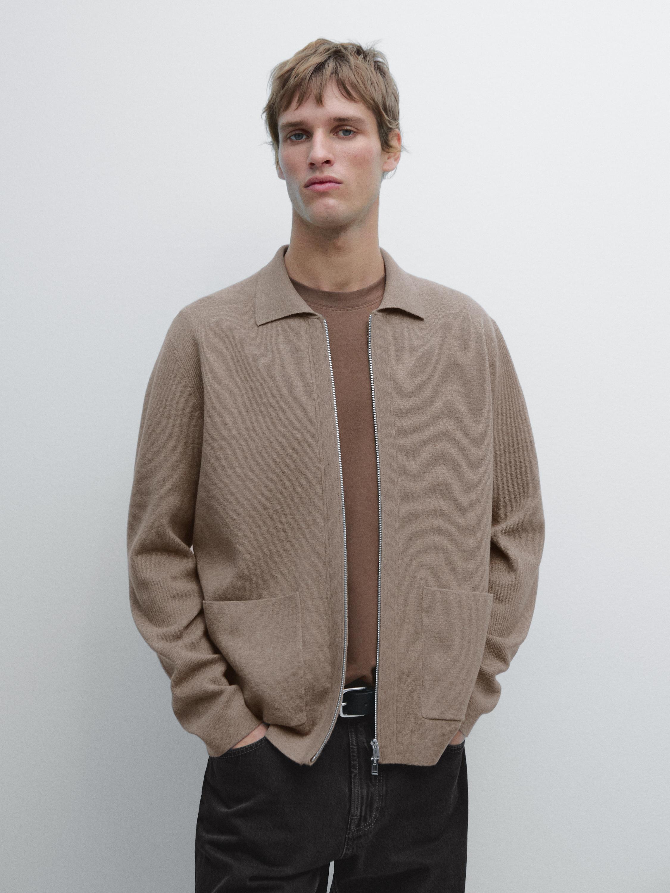 Cardigan in maglia con cerniera e tasche in cotone e lana
