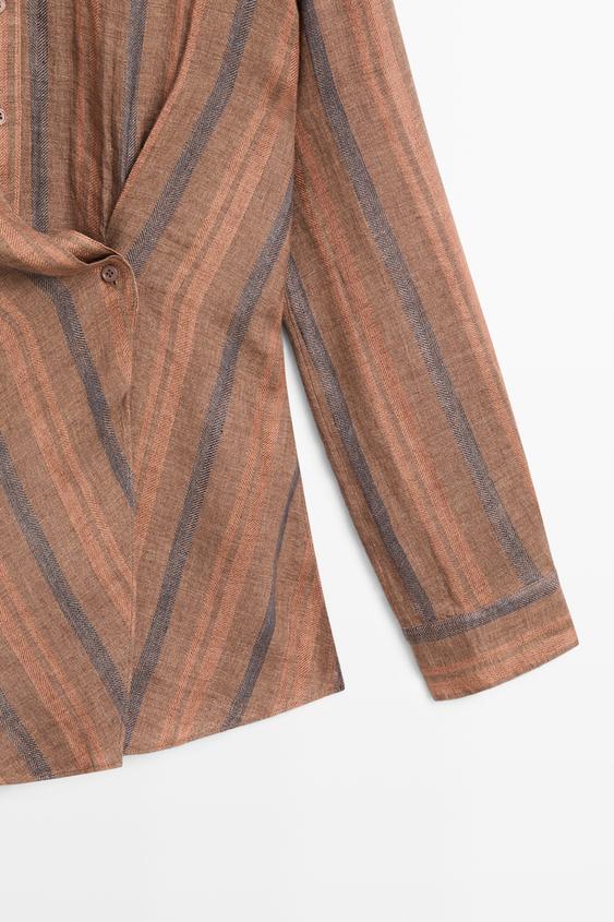 %100 keten kruvaze çizgili gömlek