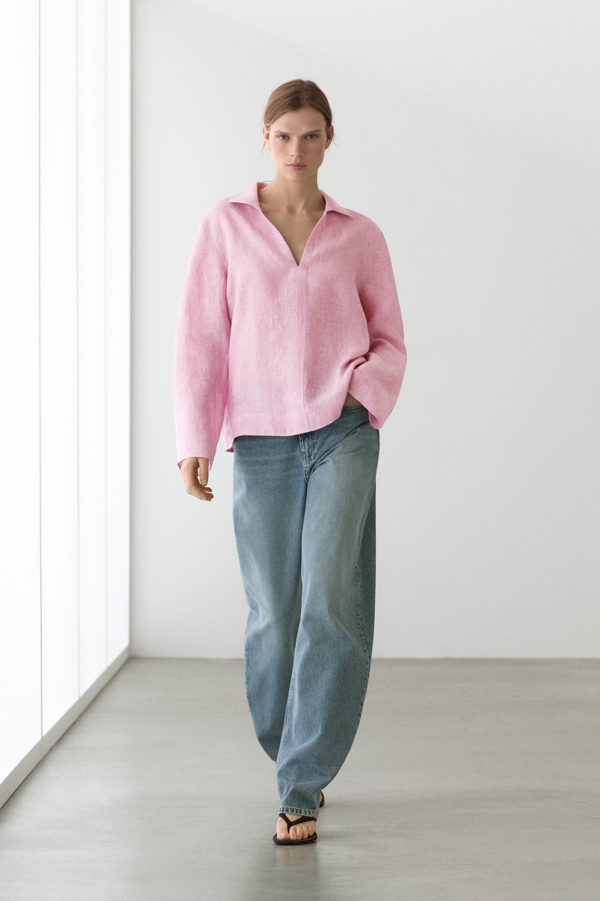 Blusa con scollo a V e risvolto 100% lino