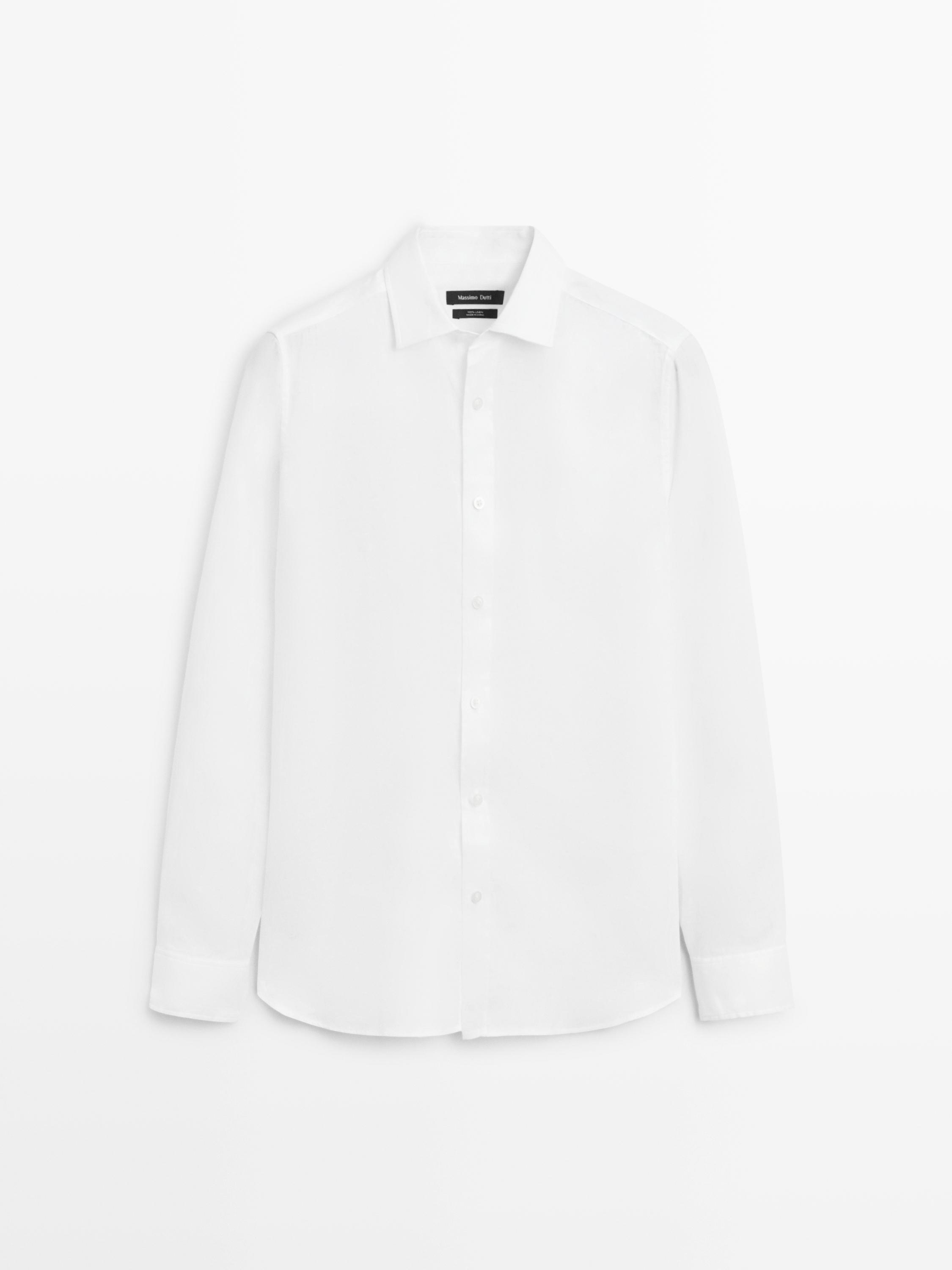Front view of a white, regular-fit, long-sleeved shirt with a central button placket and classic collar.