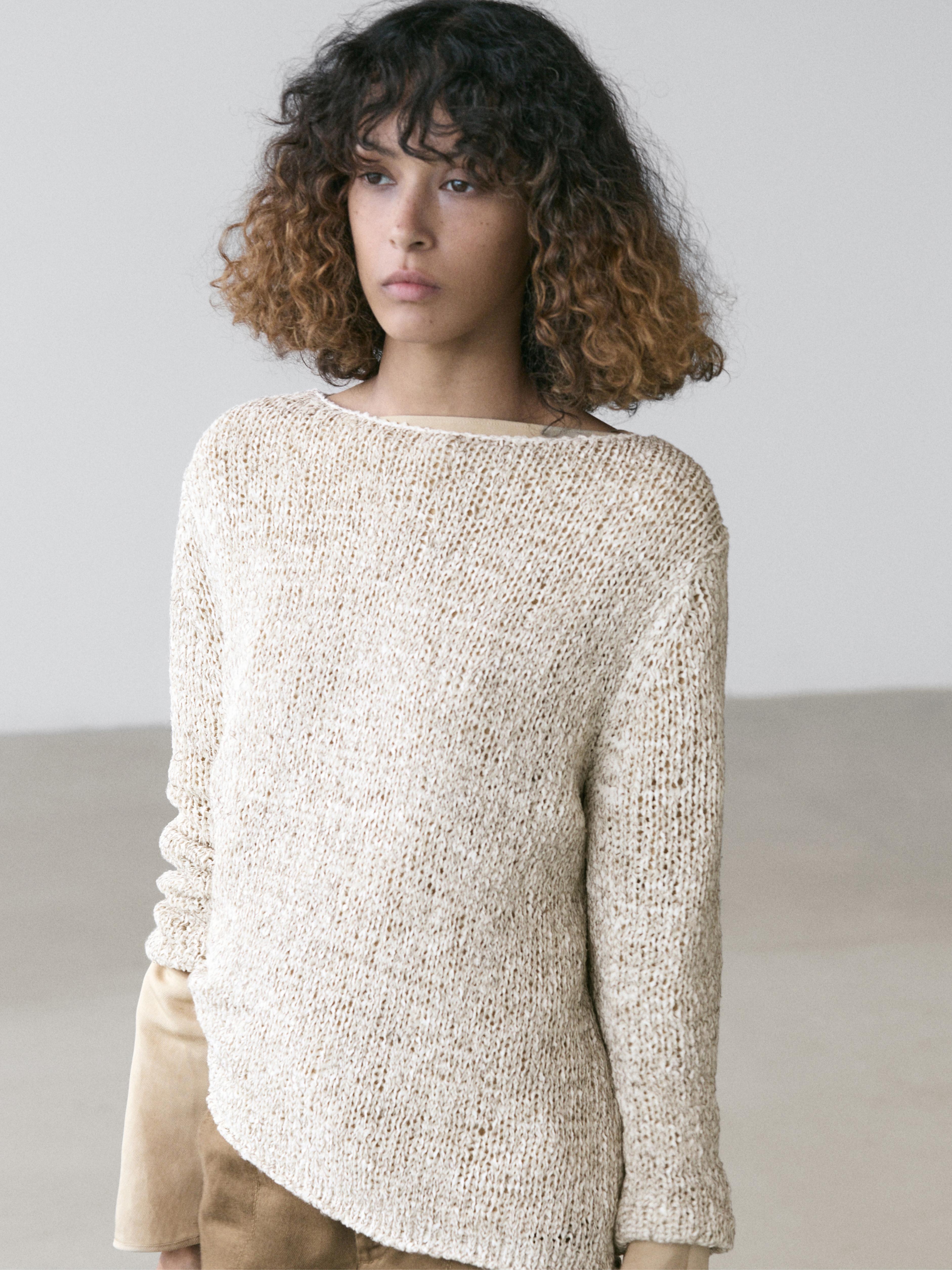 Boat neck knit sweater — BEIGE