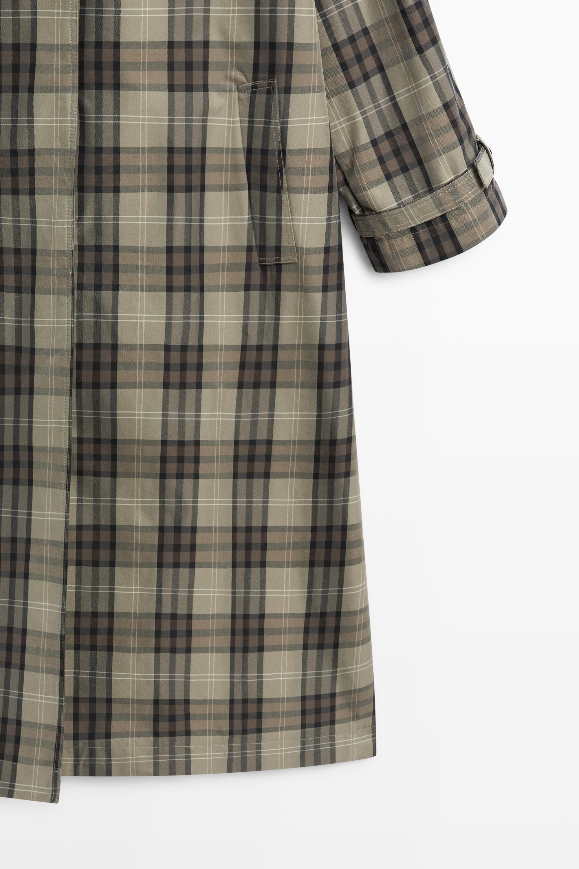 Long cotton blend plaid trench coat — Powder