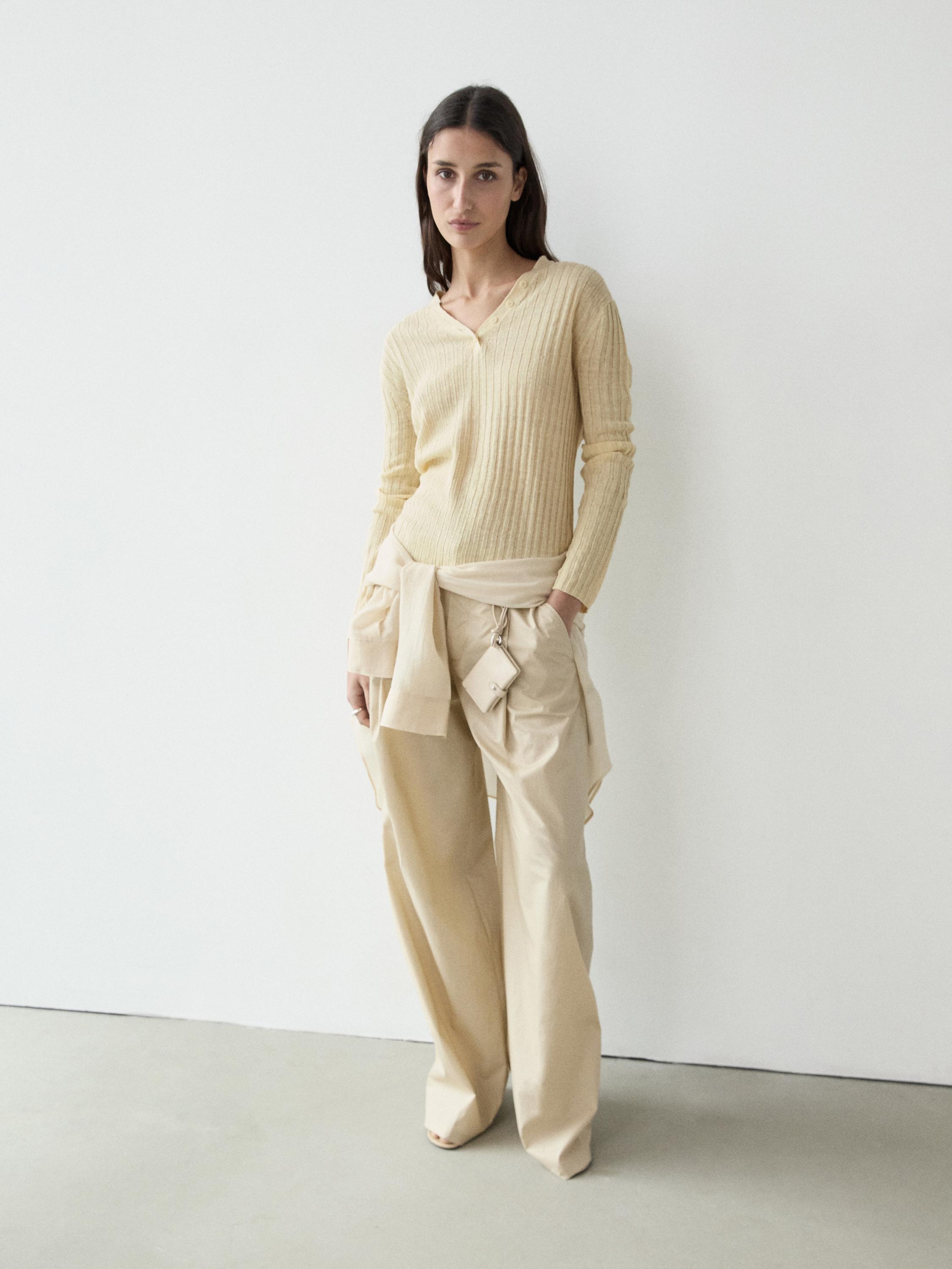100% linen knit sweater with button details — Vanilla