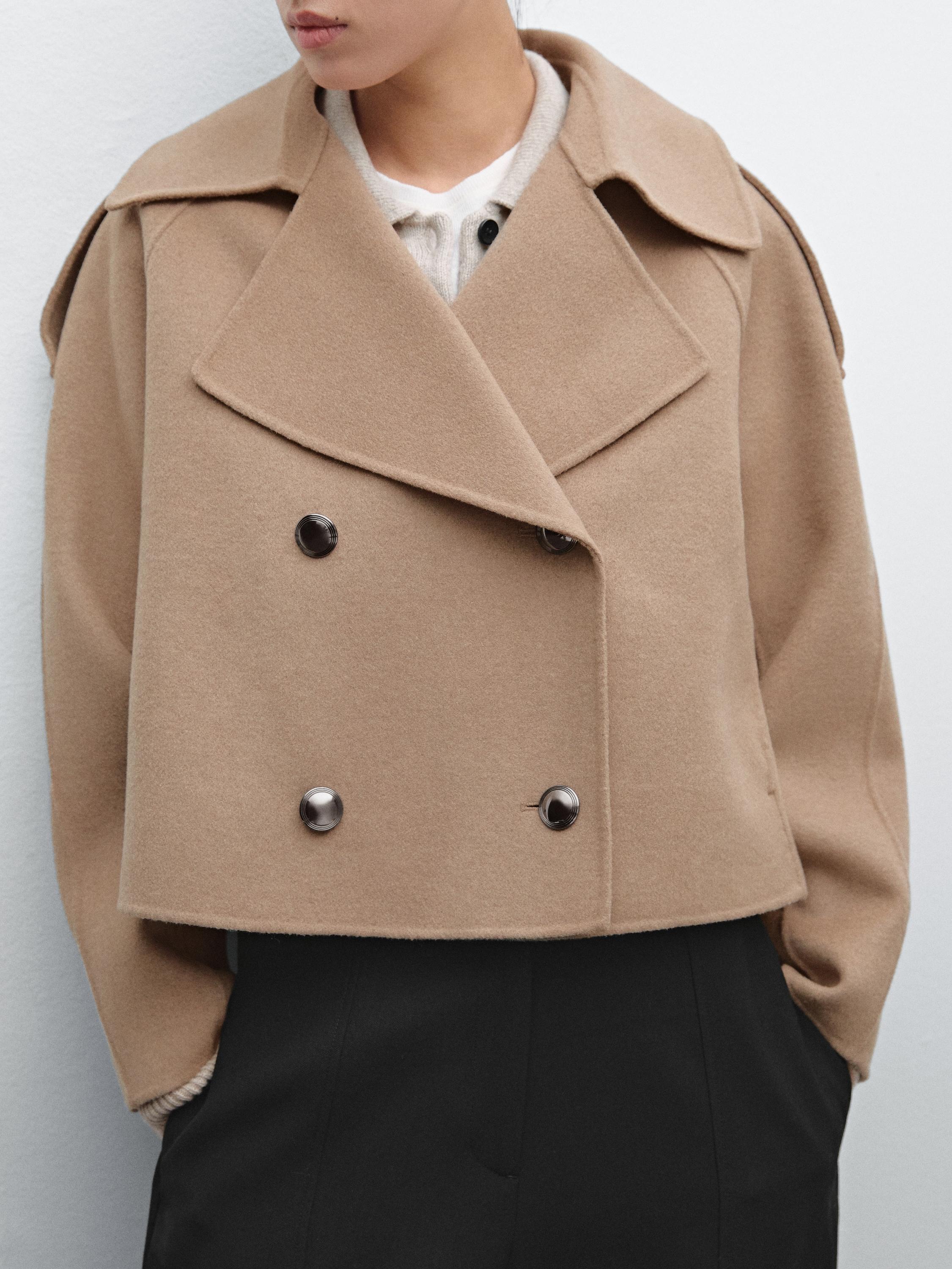 Short double-layer wool blend trench coat