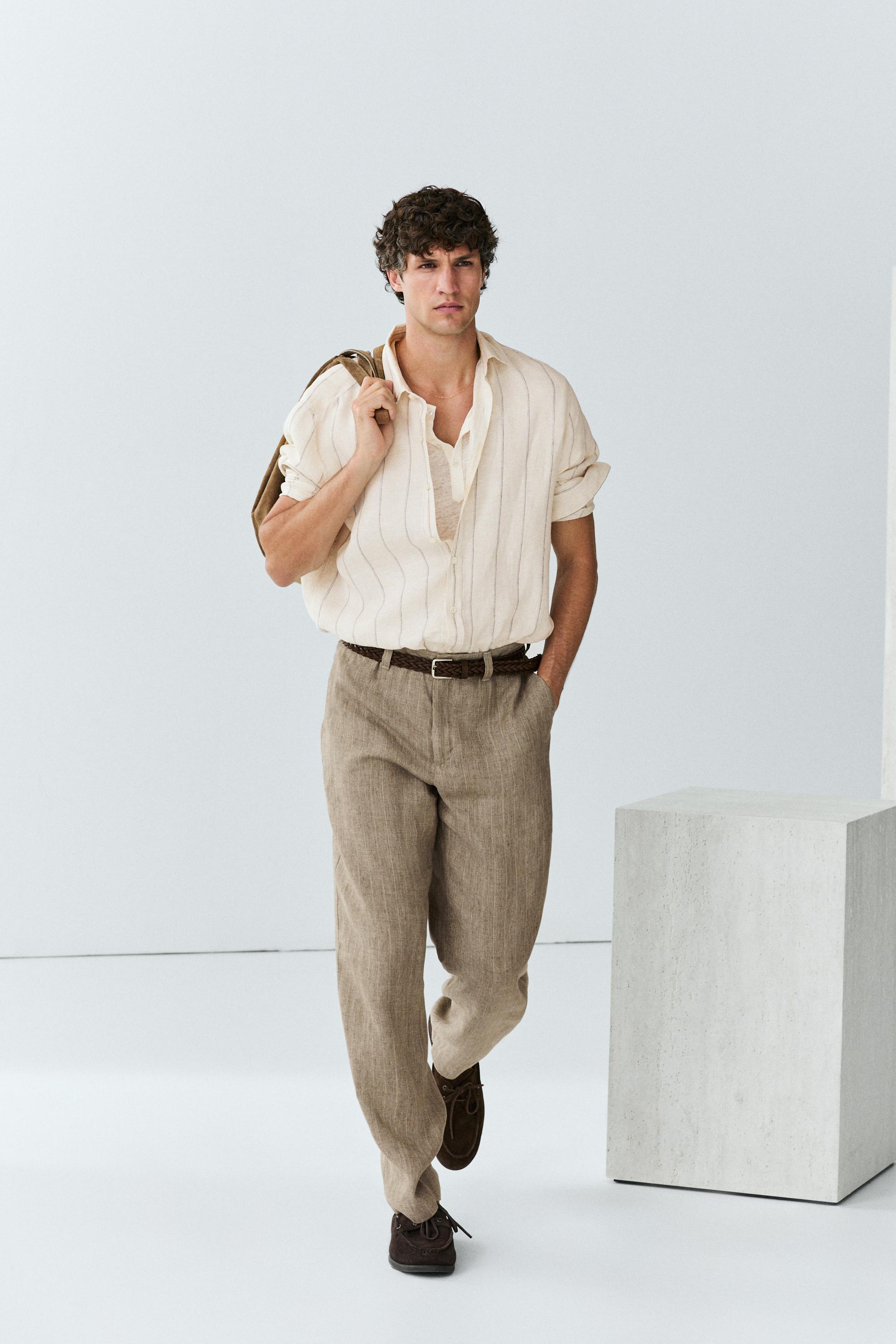 100% linen regular fit striped shirt — CREAM