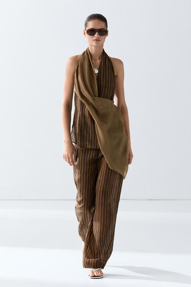 Total look flowing striped pants with button hem — DARK KHAKI 8