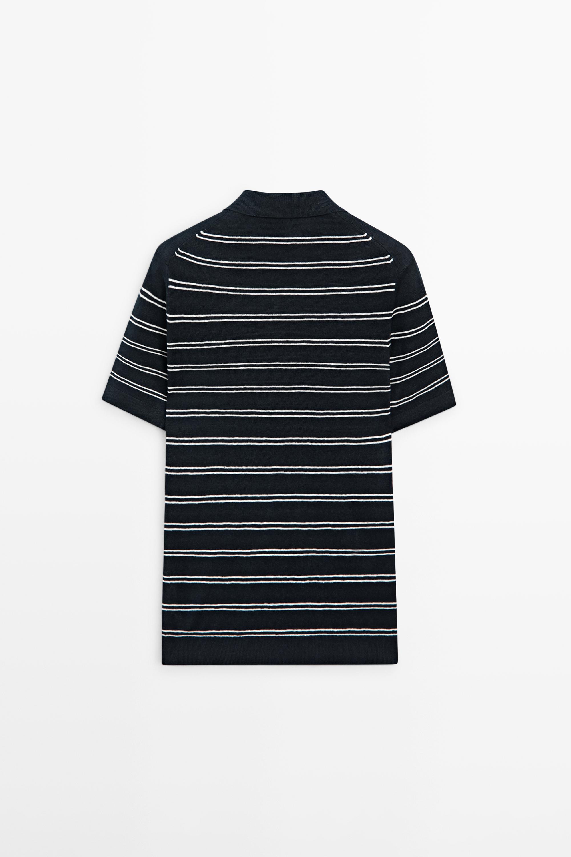 Striped 100% linen V-neck polo shirt — NAVY BLUE
